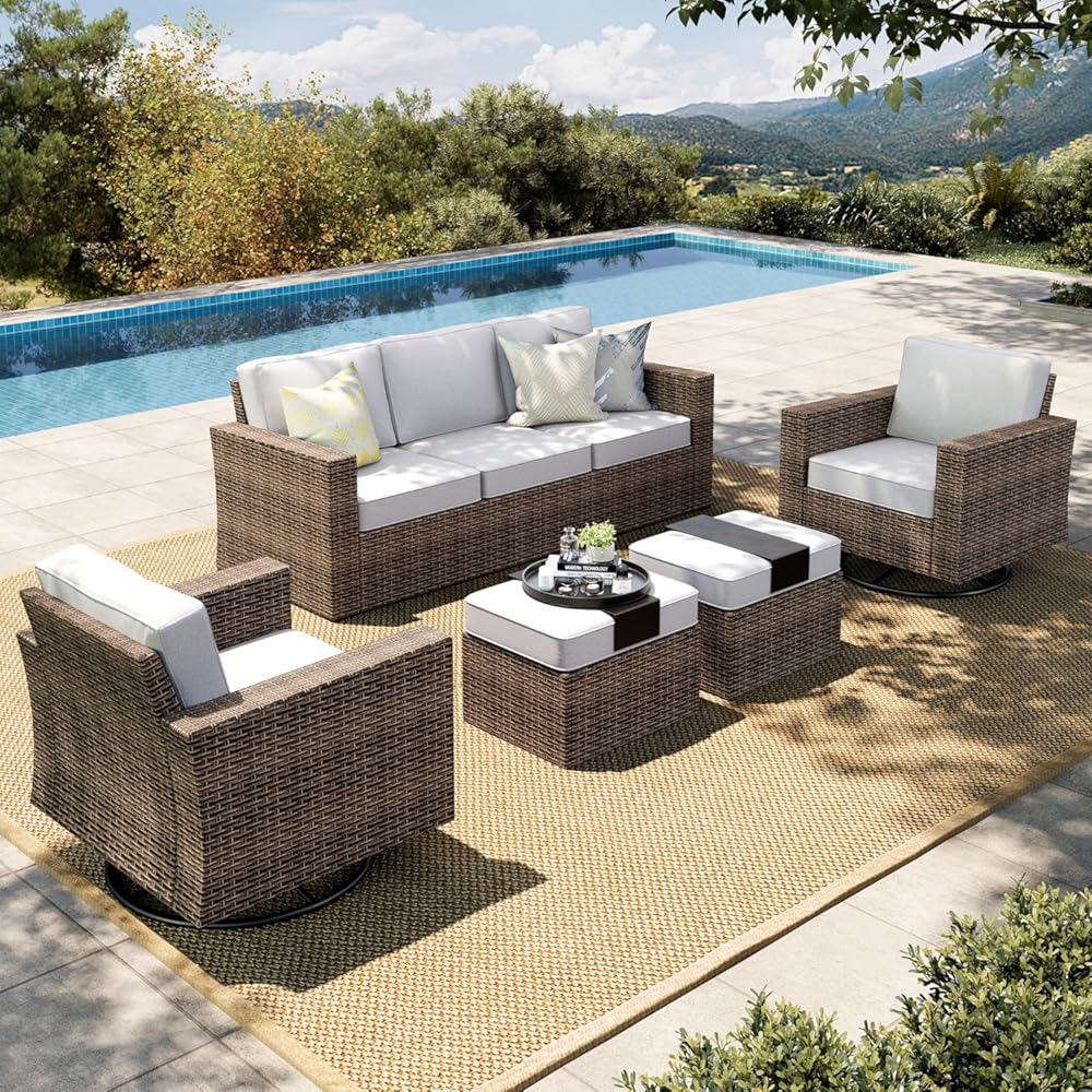 HERA'S HOUSE Patio Furniture Conversation Set, Outdoor Swivel Glide Wicker Chairs with 4.92