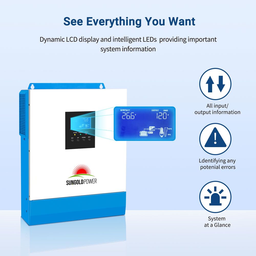 3000W DC 24V Solar Inverter with 60A MPPT Solar Charger (MPPT Voltage Range 30-90Vdc), 40A AC Battery Charger,120V AC Output All in One Pure Sine Wave Inverter Manufactured by SunGoldPowerCo.,Ltd