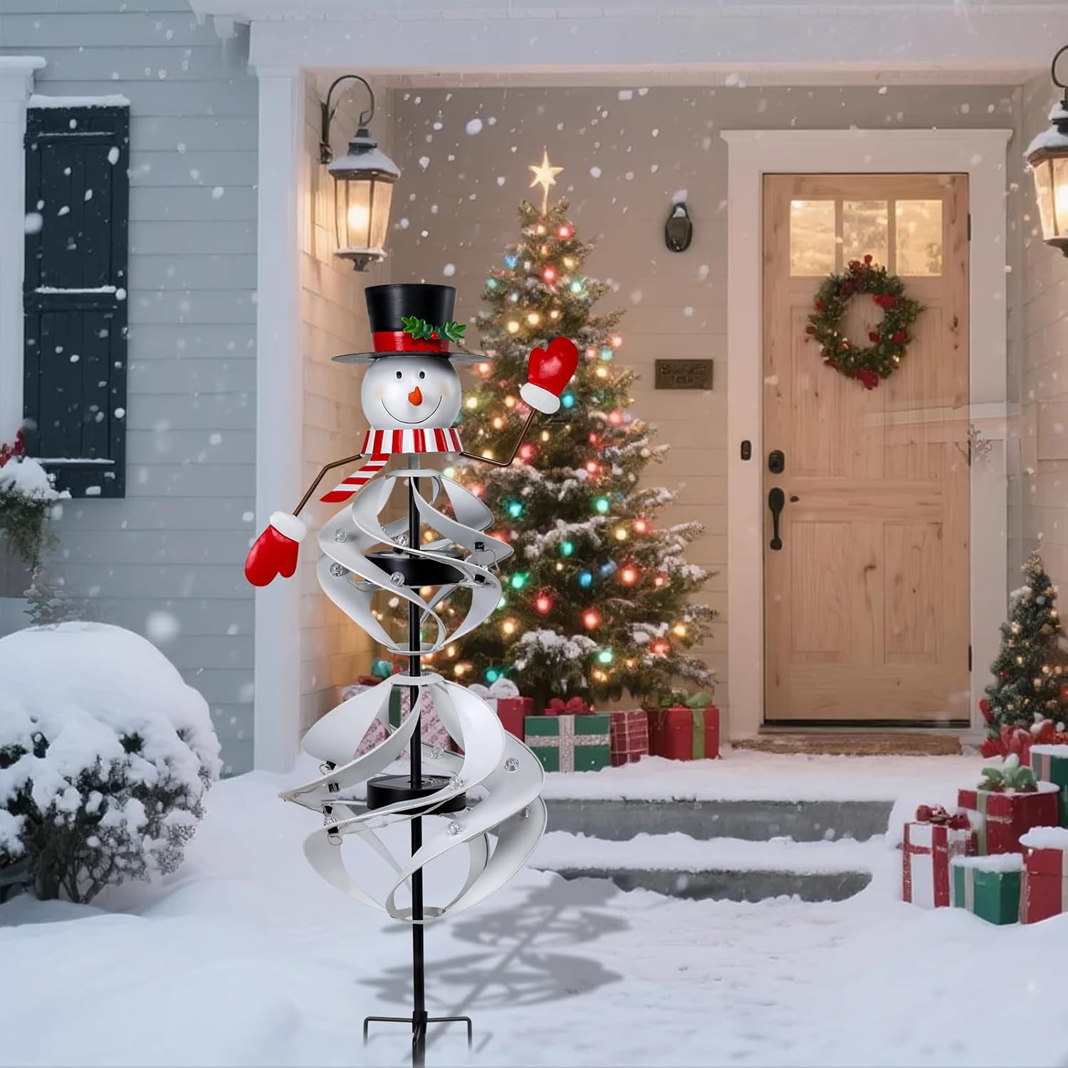 Outdoor Christmas Decorations Snowman Solar Wind Spinner Lighted Christmas Yard Stakes Outdoor Xmas Metal Wind Spinner Stake for Garden Lawn Pathway Party Decoration