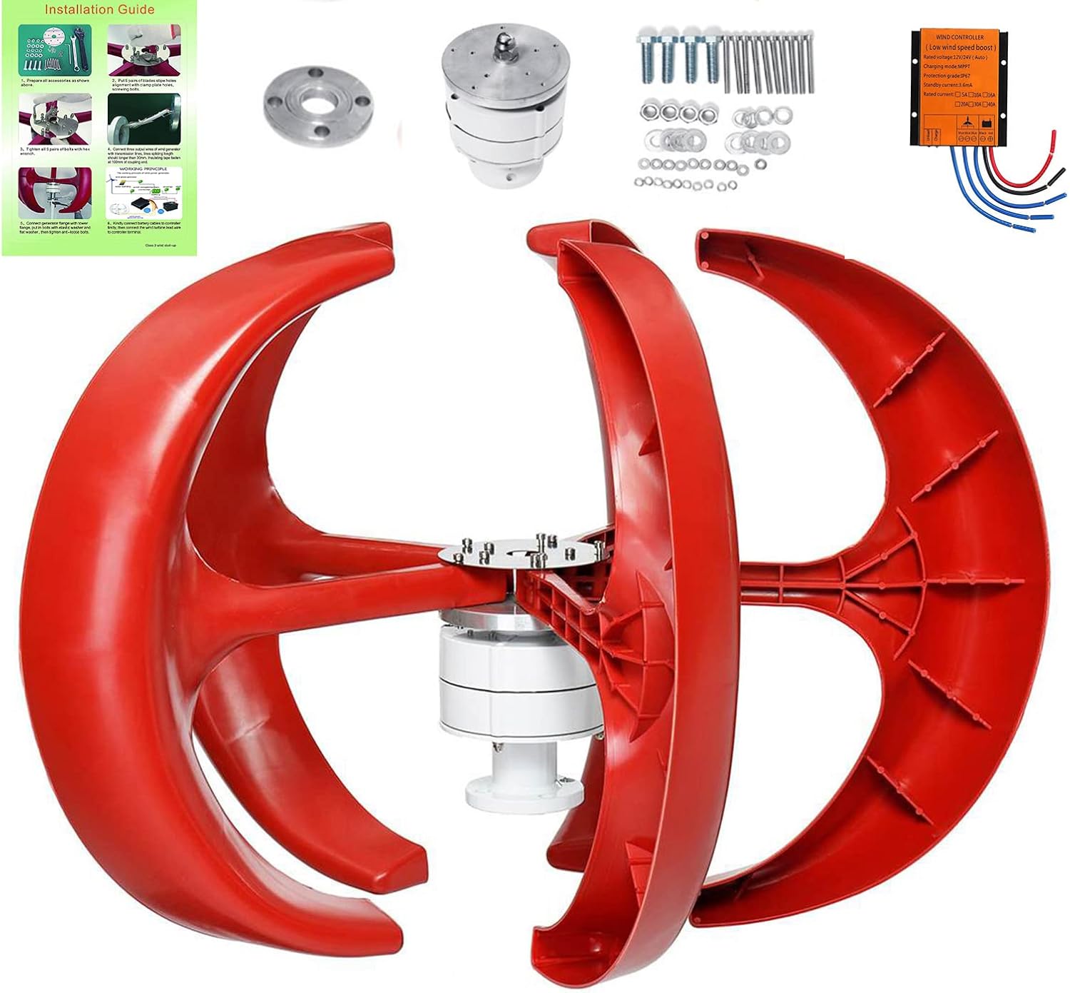 12000W Lantern Vertical Axis Wind Turbines Generator, 12V 24V 48Vwith MPPT Controller Low Noise Vertical Wind Generator Kit for Home Camping (Red 5 Blades)