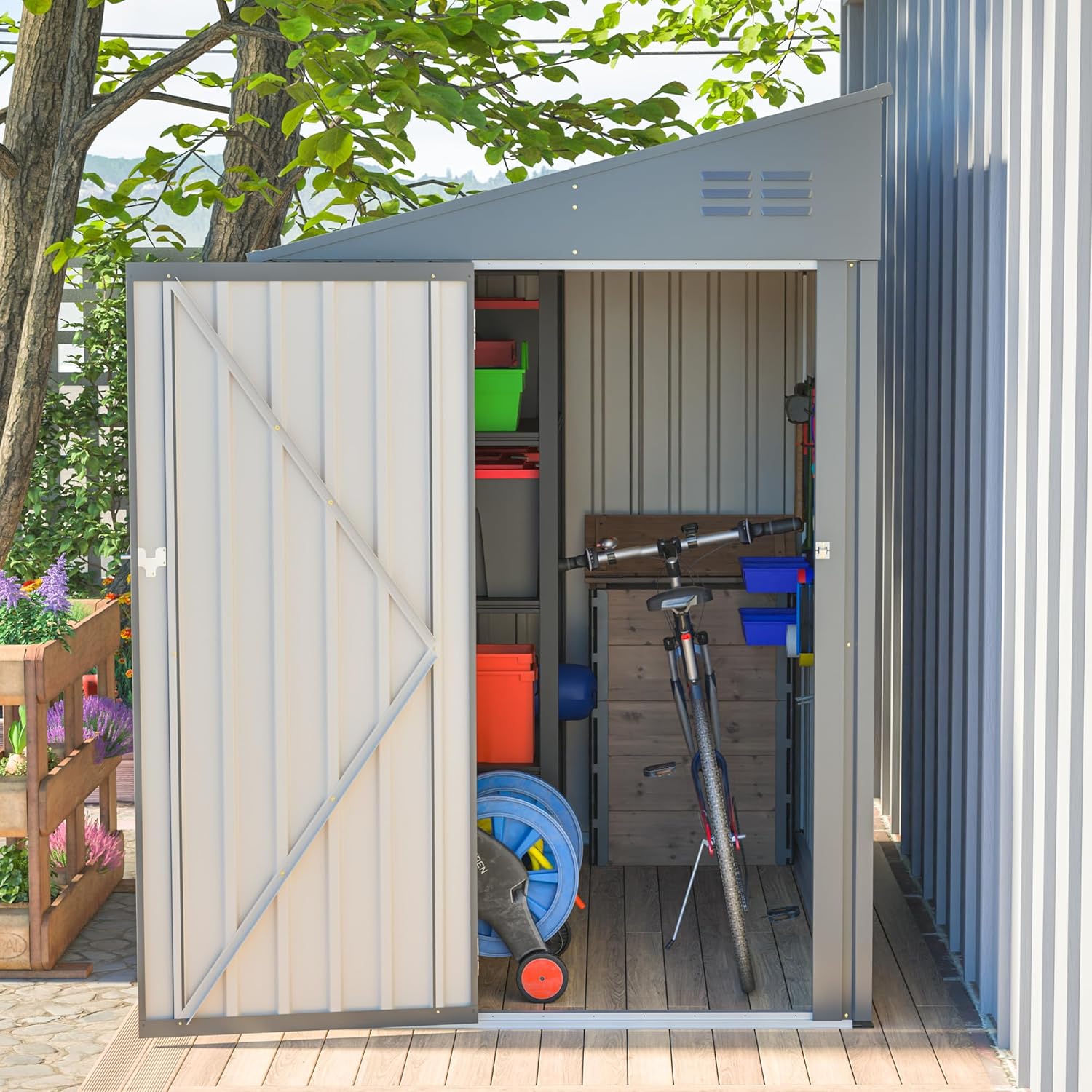 4x7 FT Outdoor Storage Shed,Lean to Lockable Metal Garden Shed Steel with Reinforced Beams,All Weather Waterproof Storage House W/Lockable Door,for Backyard,Patio,Lawn,Garden,Dark Gray