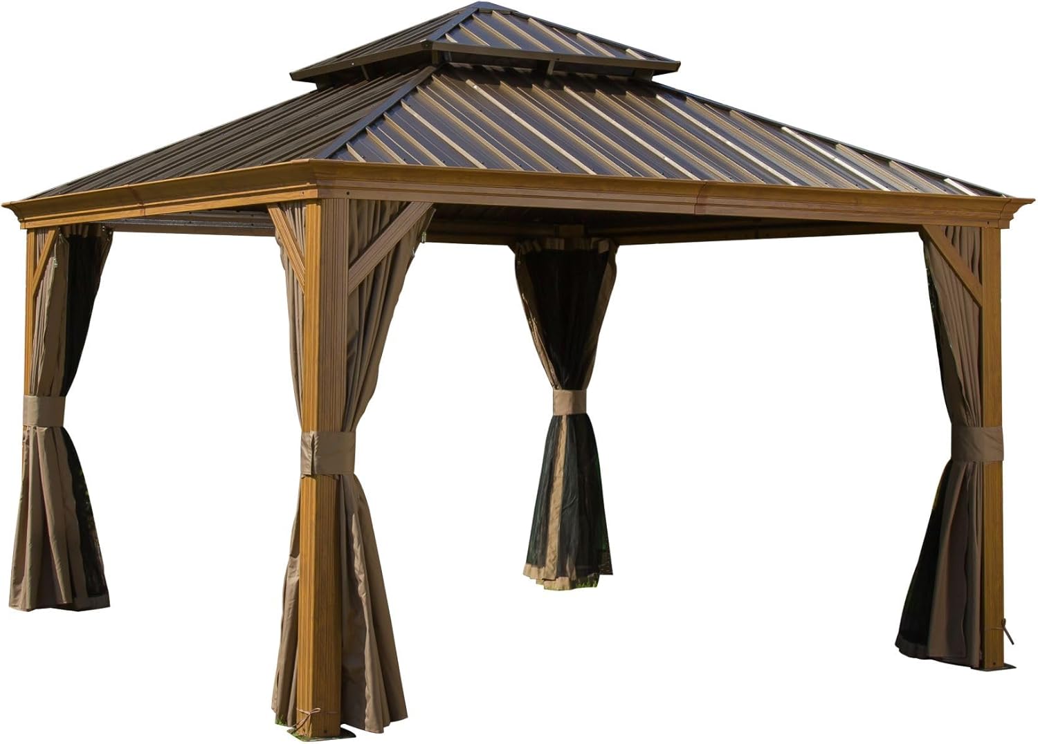 12'x12' Wooden Coated Aluminum Hardtop Canopy with Galvanized Steel Double Roof, Outdoor Permanent Metal with Curtains Netting for Patio, Deck, Lawn (Yellow Brown)