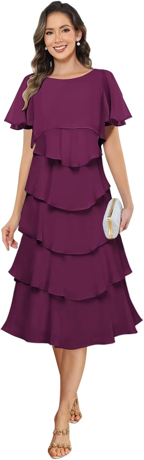 BANTRATIC Tea Length Mother of The Bride Dresses for Wedding Chiffon Women Crew Neck Tiered Formal Prom Cocktail Gown