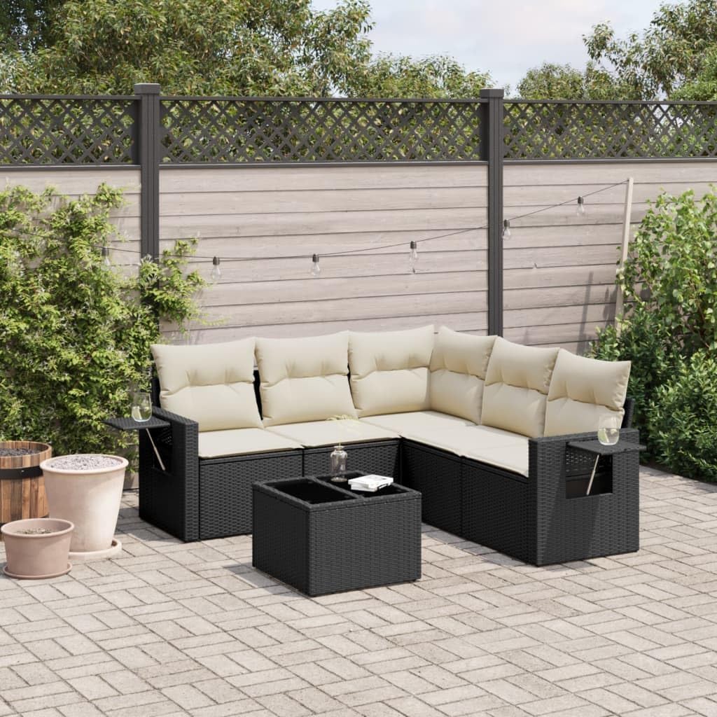 Garden Sofa Set Black PE Rattan, 6-Piece Modular Outdoor Patio Furniture Seating with Storage, Tempered Glass Table for Balcony Garden