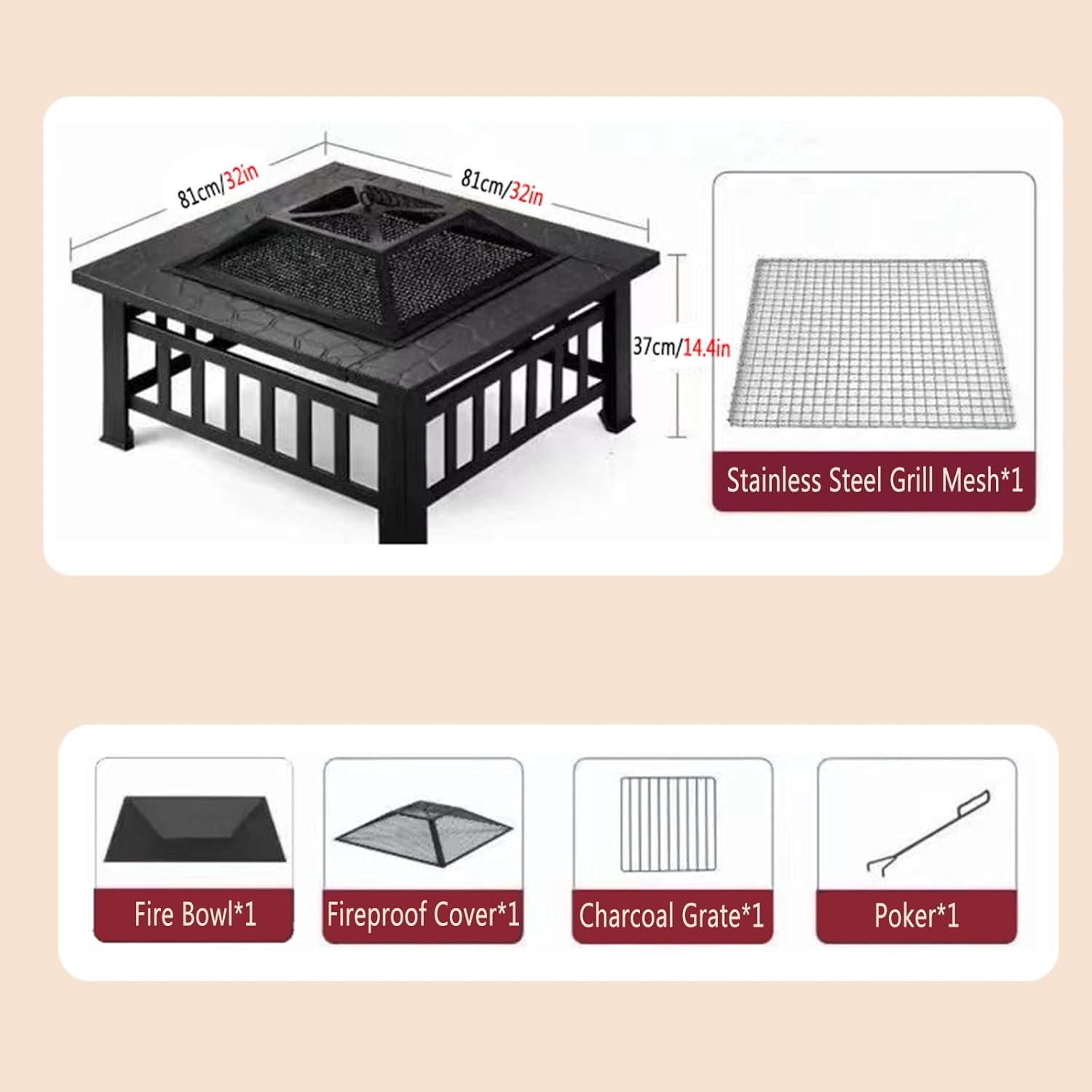 TemkIN Patio Big Fire Pit Table, Heavy Duty Metal Fire Pits with Fire Poker and Spark Screen Lid, Wood Burning Fire Table for Backyard Patio Garden Picnic Camping Bonfire, Black