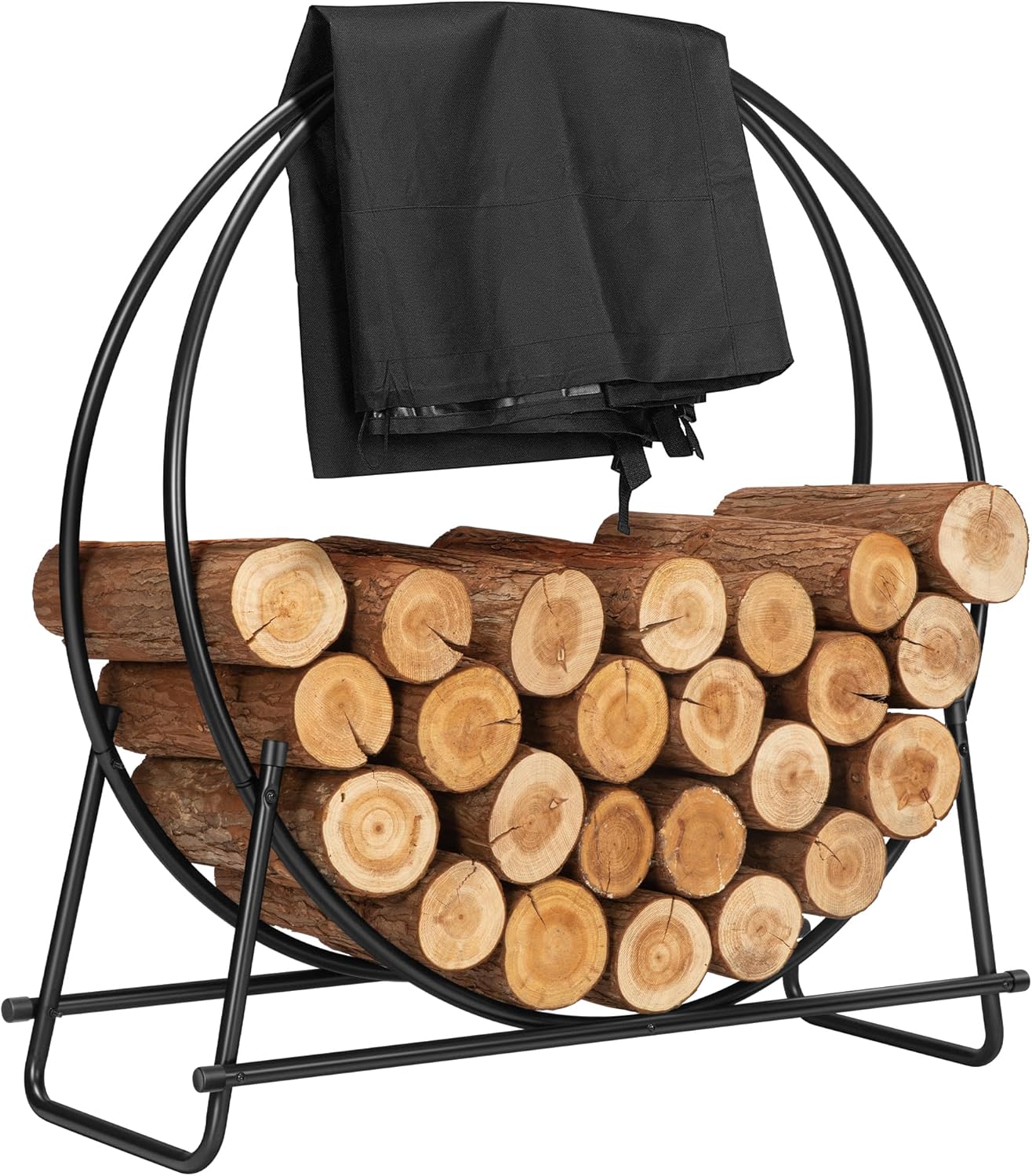 VIVOHOME 32 Inches Firewood Log Rack Hoop with Cover, Heavy Duty Solid Steel Fire Wood Storage Rack and Cover Set with Zipper, Round Log Holder Ring for Indoor Outdoor Patio Deck Porch