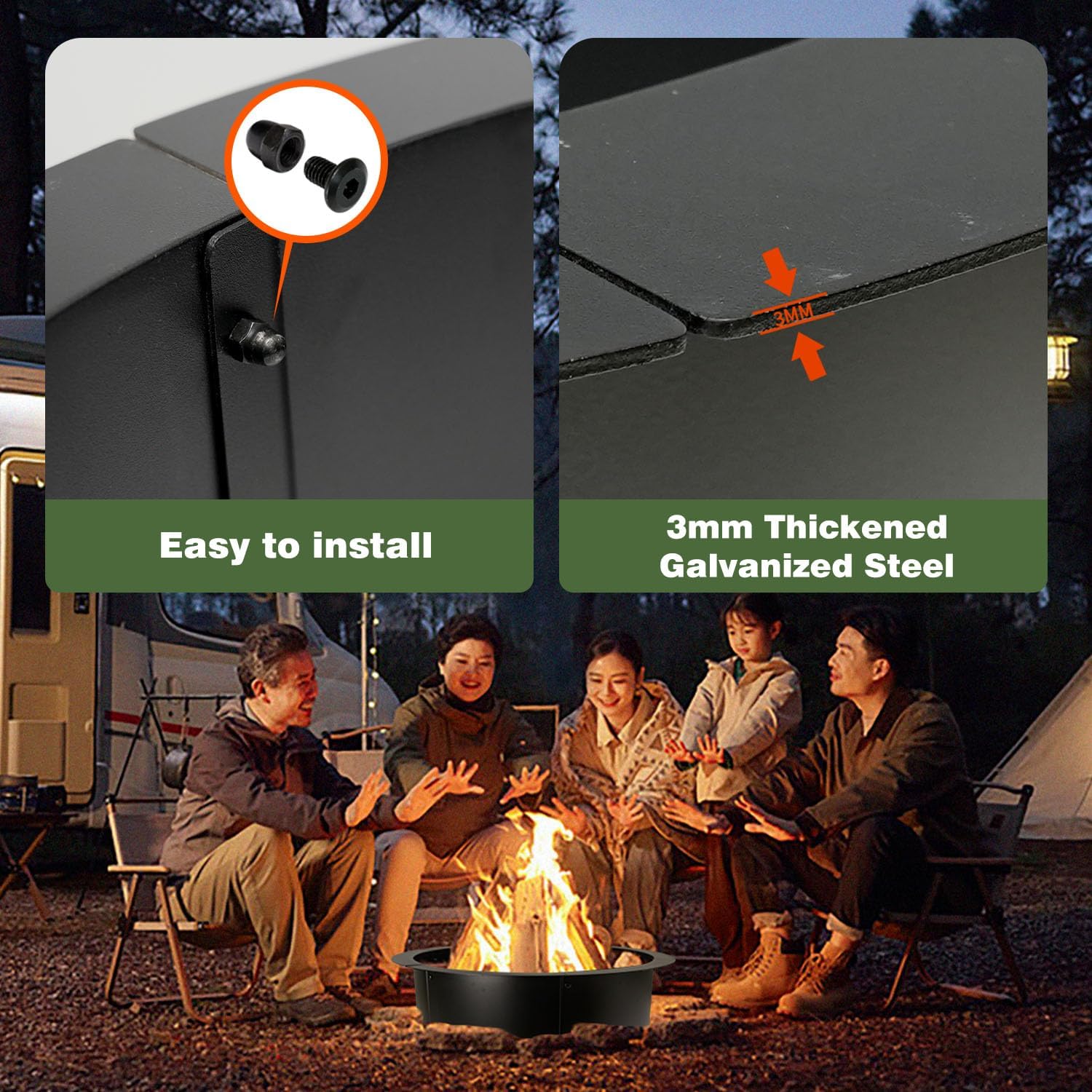 Fire Pit Ring Outdoor Wood Burning Fire Pit Liner 35.4 Inch Camping Fire Ring Painted Steel Firepit Ring Heavy Duty Campfire Ring Above or In-Ground for Bonfire Outdoor Backyard