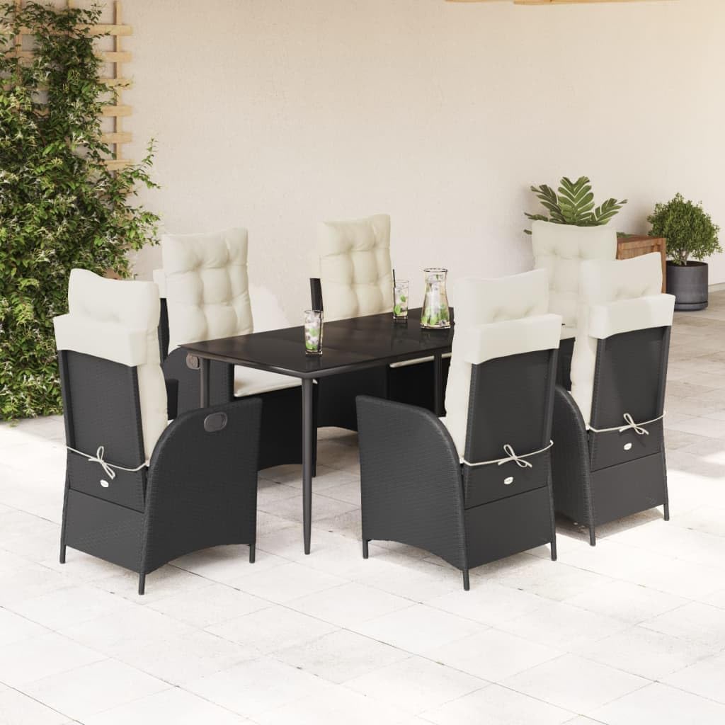 7 Piece Patio Dining Set with Cushions Black Poly Rattan,Modern Outdoor Rattan Patio Furniture with Adjustable Reclining Chairs Patio Furniture Sets, Outdoor Furniture Sets