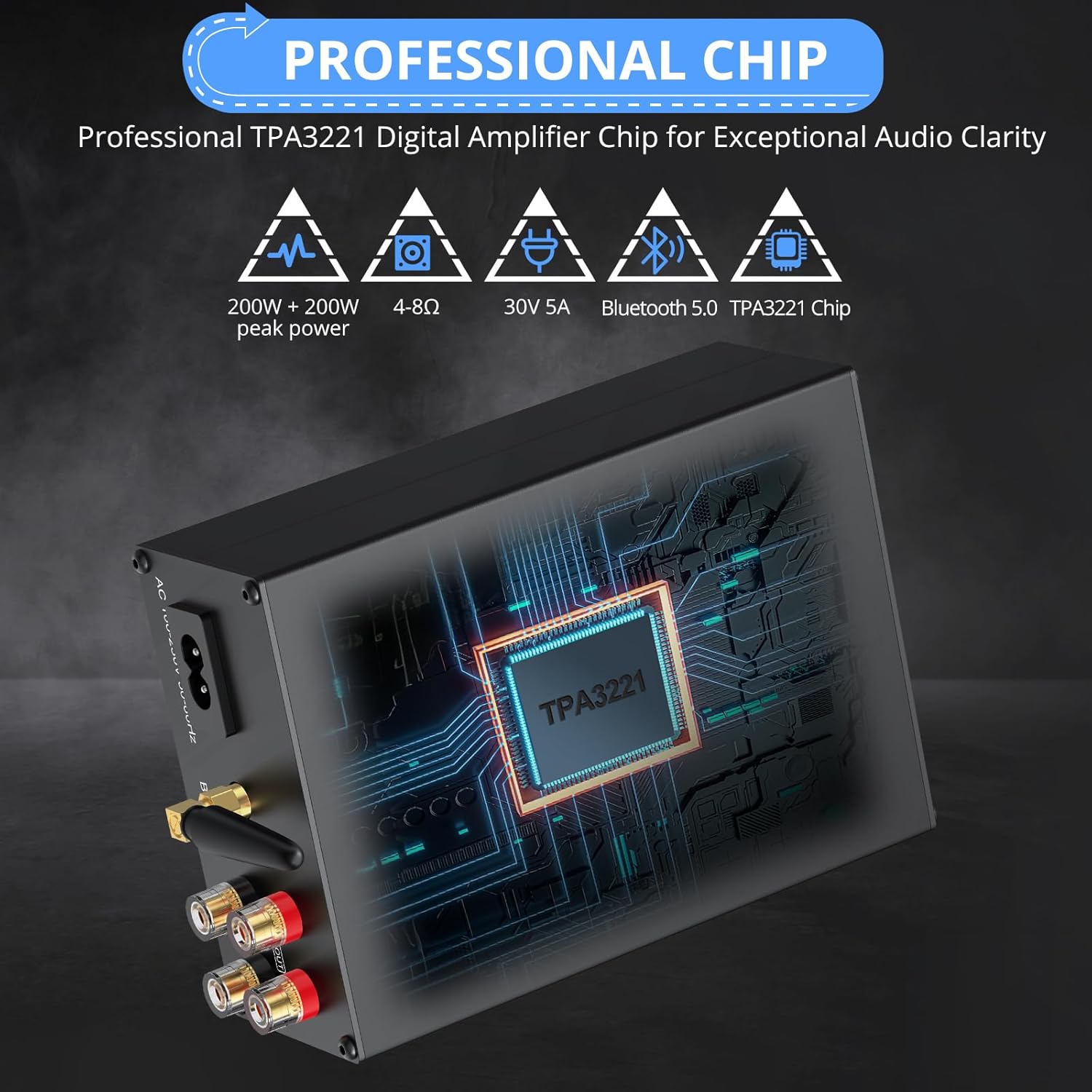 CAMWAY Bluetooth 5.0 Power Amplifier for Outdoor Speakers 4-8 Ohms - Peak Power 200W+200W Home Party Audio Stereo Bluetooth Amplifier Receiver with Waterproof Mount Box,Pro TPA3221 Chip Clear Sound