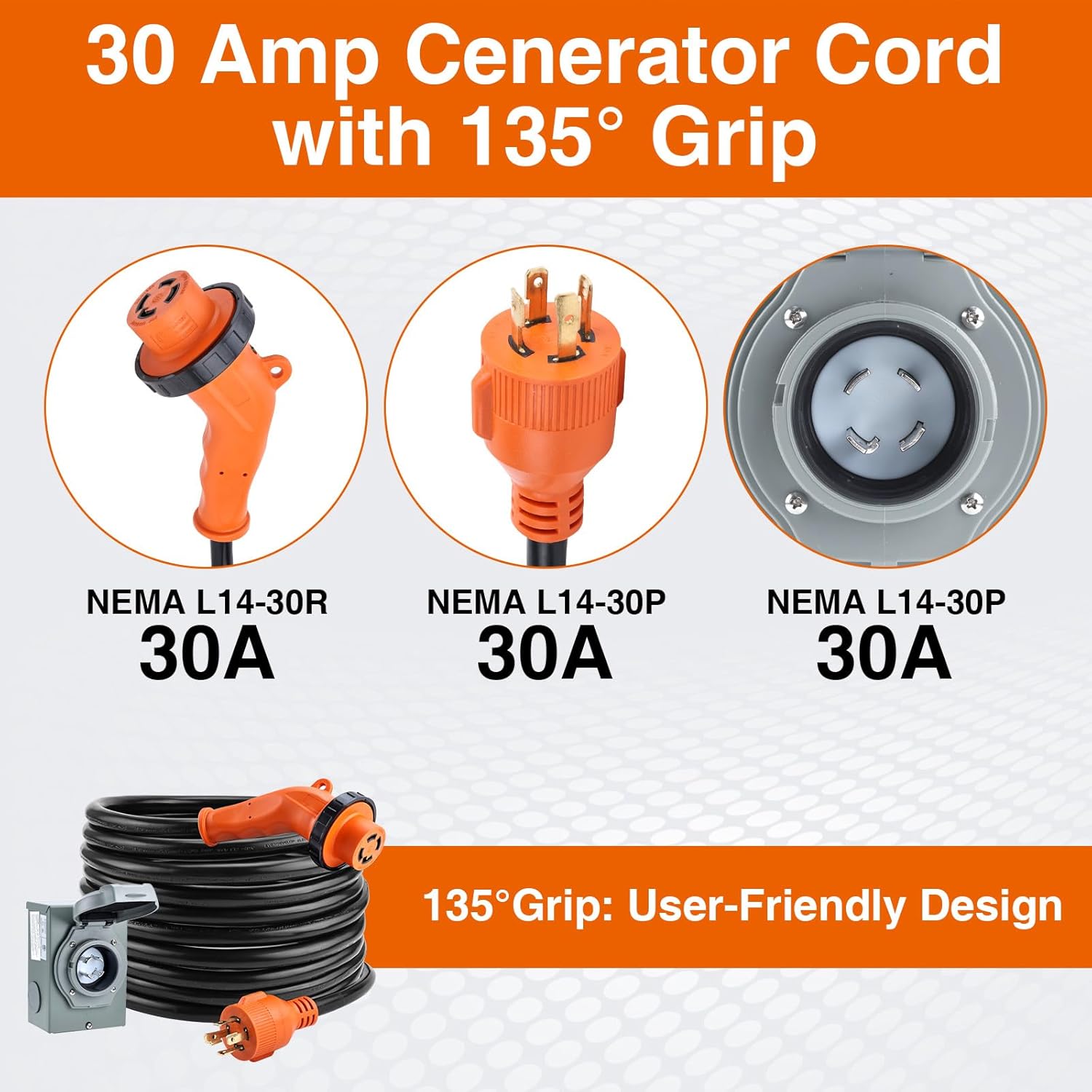 Finderomend 25ft 30 Amp Generator Cord and 30 Amp Generator Inlet Box Kit, NEMA L14-30P to L14-30R Twist Lock Cord Plug for Outdoor Use,ETL Listed