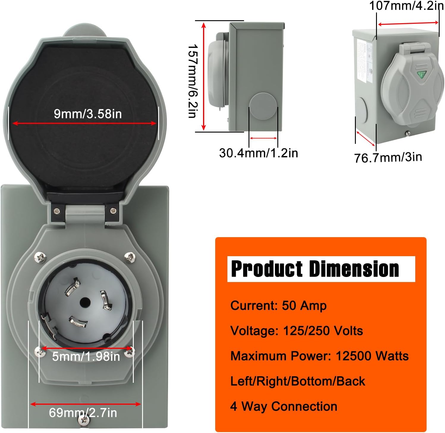 50 Amp Generator Cord and Power Inlet Box Combo Kit 20 FT, NEMA 14-50P SS2-50R STW 6/3+8/1 AWG Generator Cable and NEMA SS2-50P Power Inlet Box for Generator to House, ETL Listed