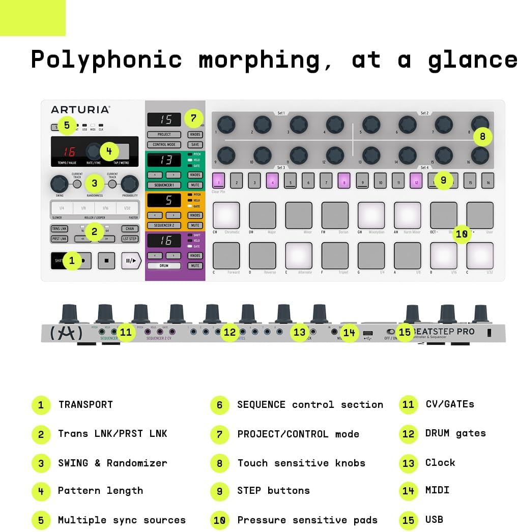Arturia BeatStep Pro Controller and Sequencer — Aftertouch, Velocity Sensitive, With 2 Independent Melodic Sequencers, Drum Sequencer, 16 Drum Pads, MIDI/CV/Gate I/O and Music Production Software