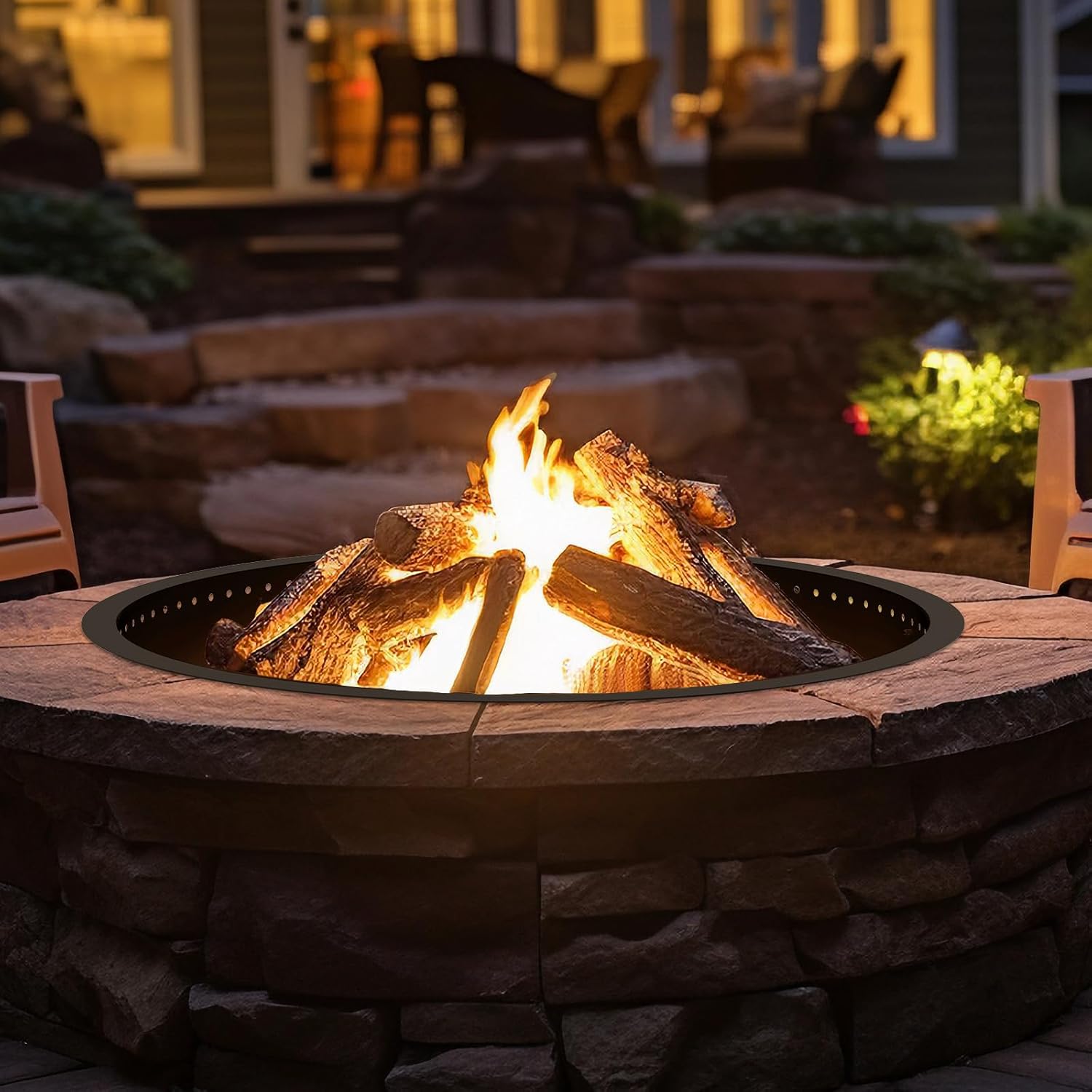 OUSHENG Smokeless Fire Pit Ring Outdoor, 45 Inch Outer 42 Inch Inner Round Wood Burning Firepit Accessories, DIY Metal Steel Liner Insert for Bonfire Outside Camping Above or In Ground