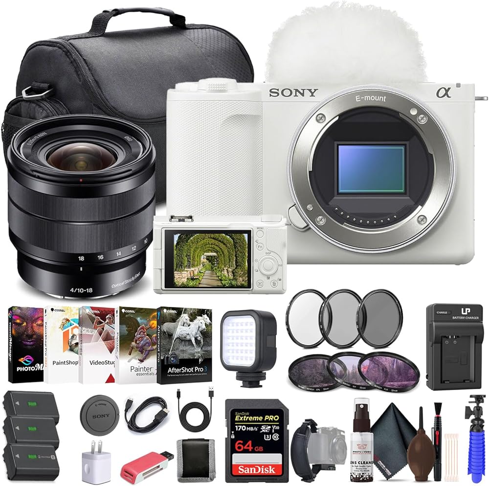 Sony Alpha ZV-E10 II Mirrorless Camera (Body Only, White) (ZVE10M2KW), Sony E 10-18mm Lens, 64GB Memory Card, Filter Kit, Photo Software, Bag, 2 x NP-FZ100 Battery, External Charger, More
