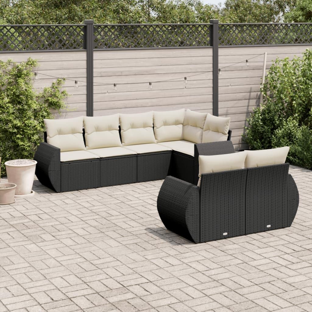 Modern 7-Piece Garden Sofa Set in Black and Cream White, Modular Outdoor Furniture with UV Water Resistant PE Rattan and Removable Cushion Covers for Patio Lounge