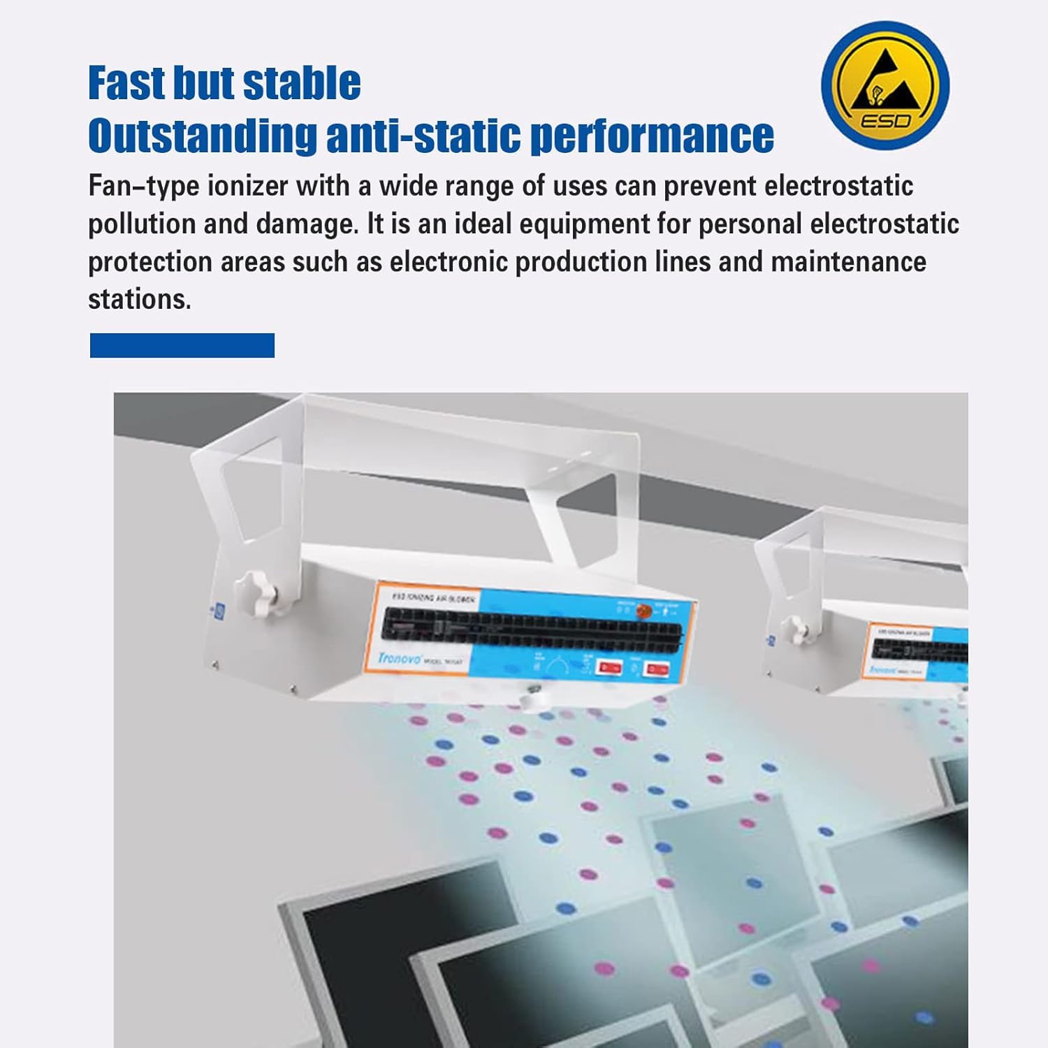 Anti-Static Ion Fan with Adjustable Airflow, Warm Air and Self-Cleaning Brush for Static Electricity Elimination in Electronic Production Lines and Maintenance Stations