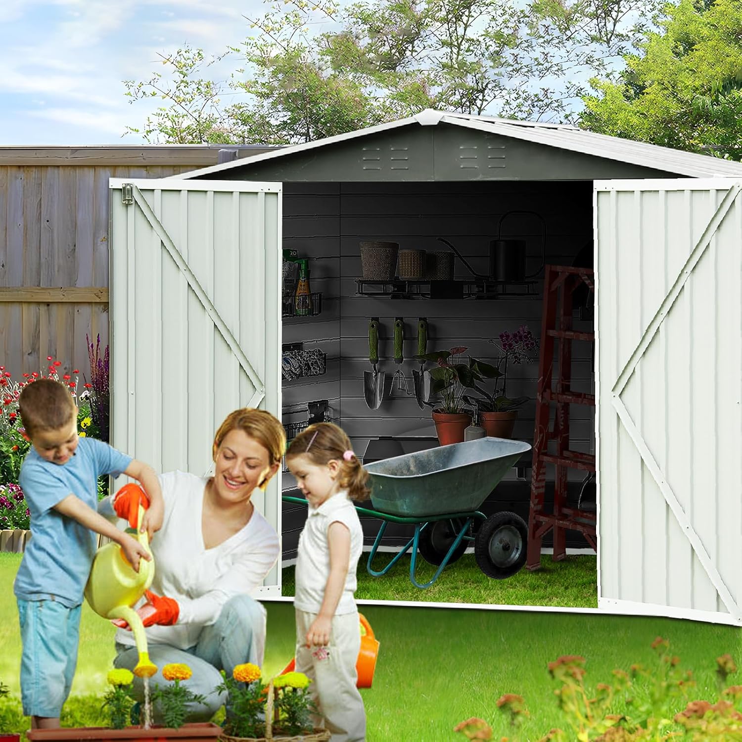 Outdoor Storage Shed House Portable 6x8 FT, Metal Shed with Air Vent and Double Lockable Doors for Patio Backyard Garden, Waterproof Large Utility Tool Outbuilding Shack, Gray