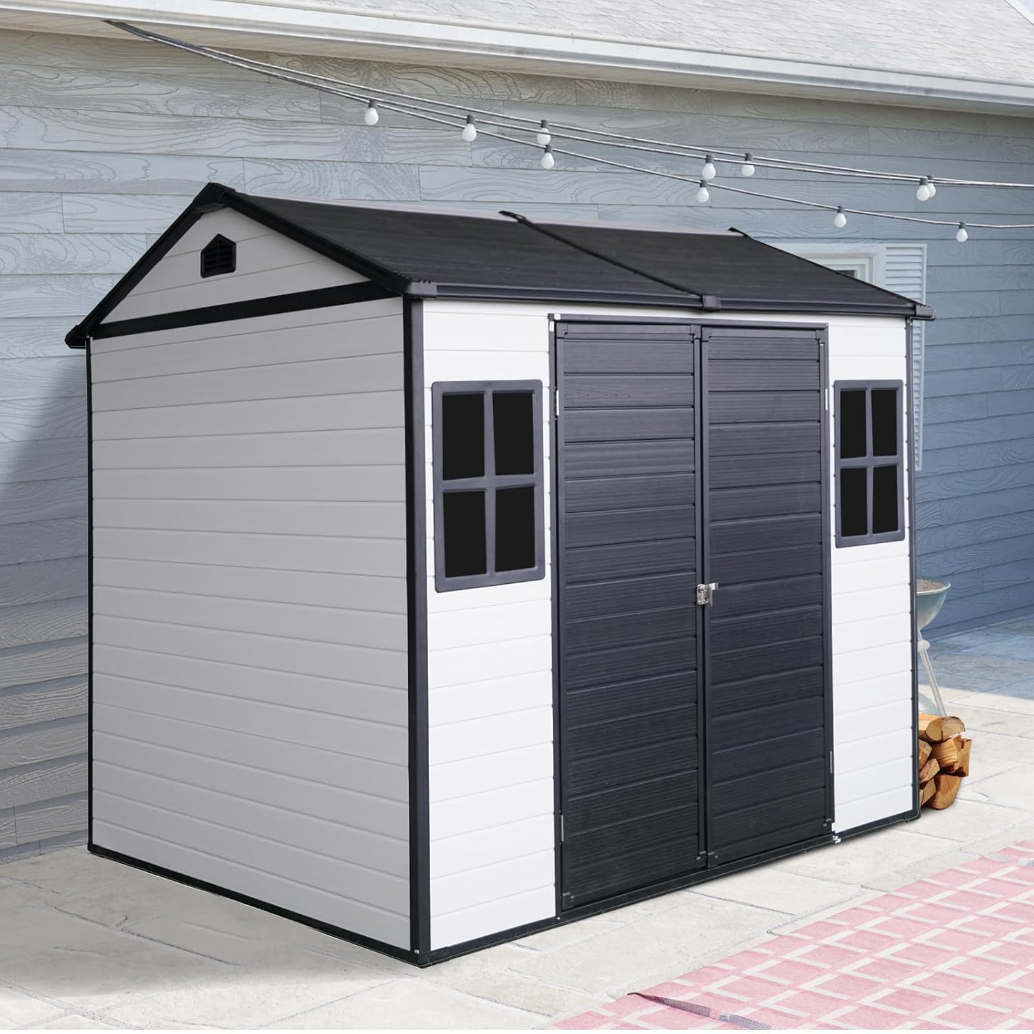 8 x 6 ft Resin Outdoor Storage Shed with Floor, Two Windows, and Lockable Door - Waterproof Tool Shed for Garden, Patio, Backyard - Grey & White, Durable Polypropylene Construction