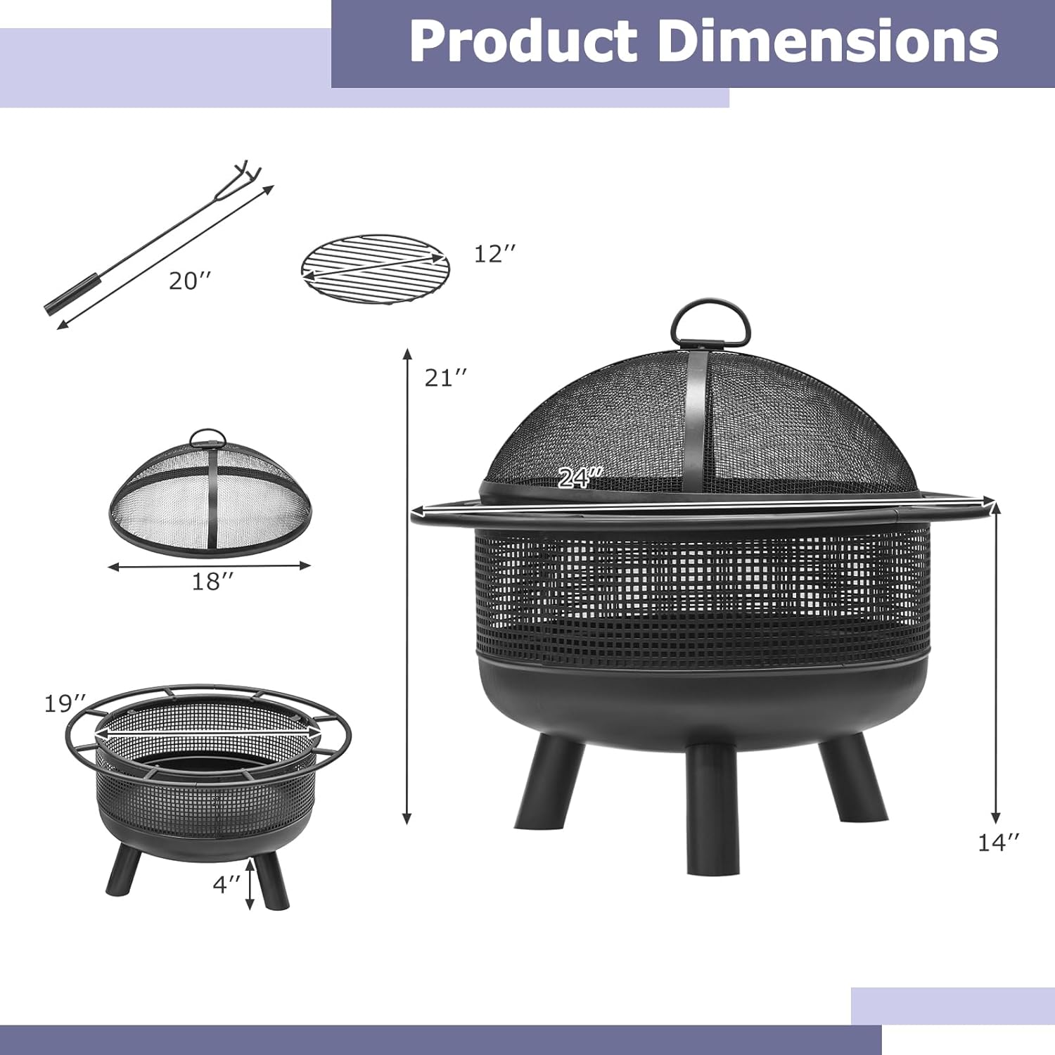 Tangkula Fire Pit for Outside Wood Burning, 24 Inch Heavy-Duty Metal Fire Bowl with Spark Screen, Poker, Log Grate, Portable Outdoor Round Fire Pit for Camping Bonfire Patio Backyard Garden
