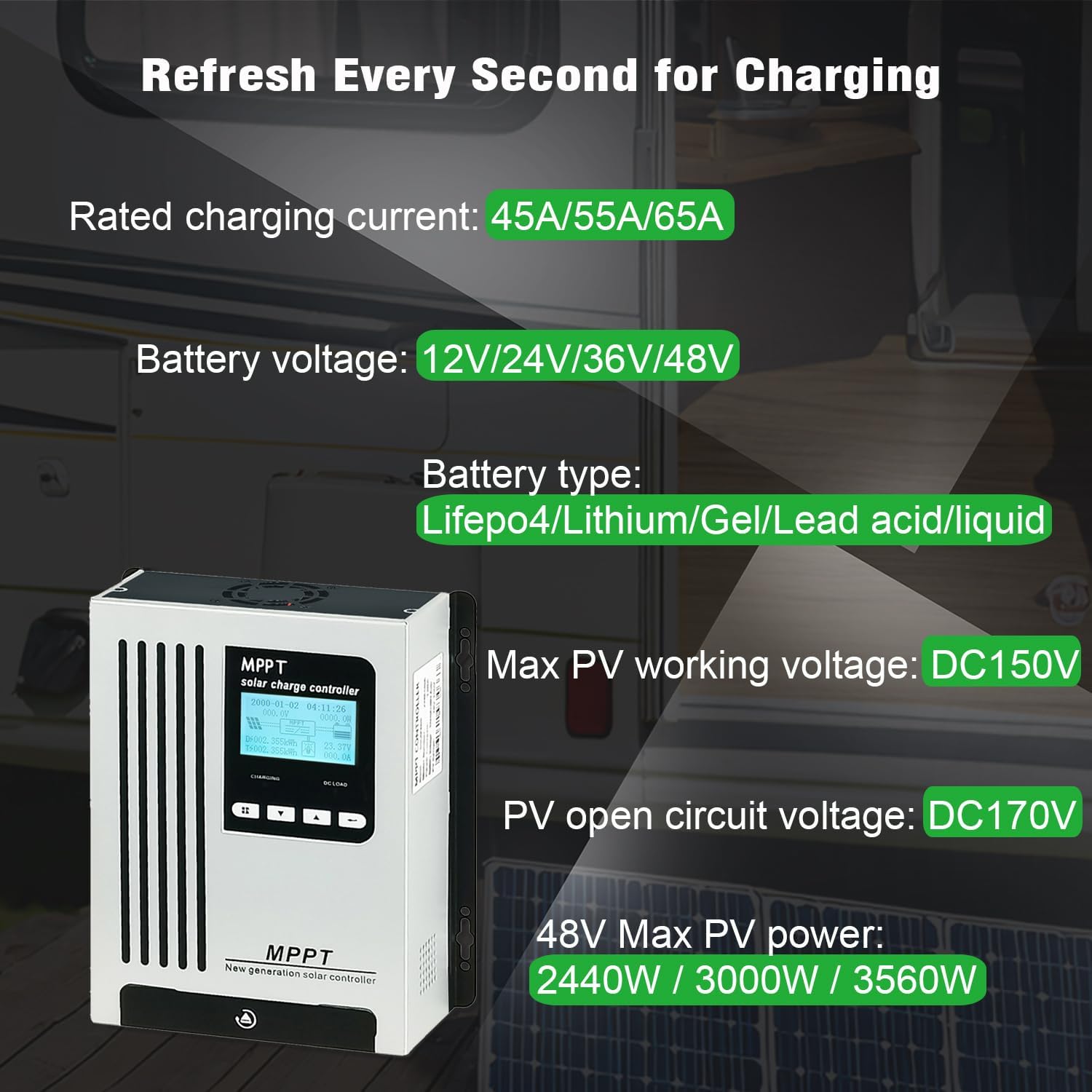 48V 65A MPPT Solar Controller auto Wake up Dead Battery DC150V 12V 24V 48V Auto Max PV Input 3560W for Selectable Batteries