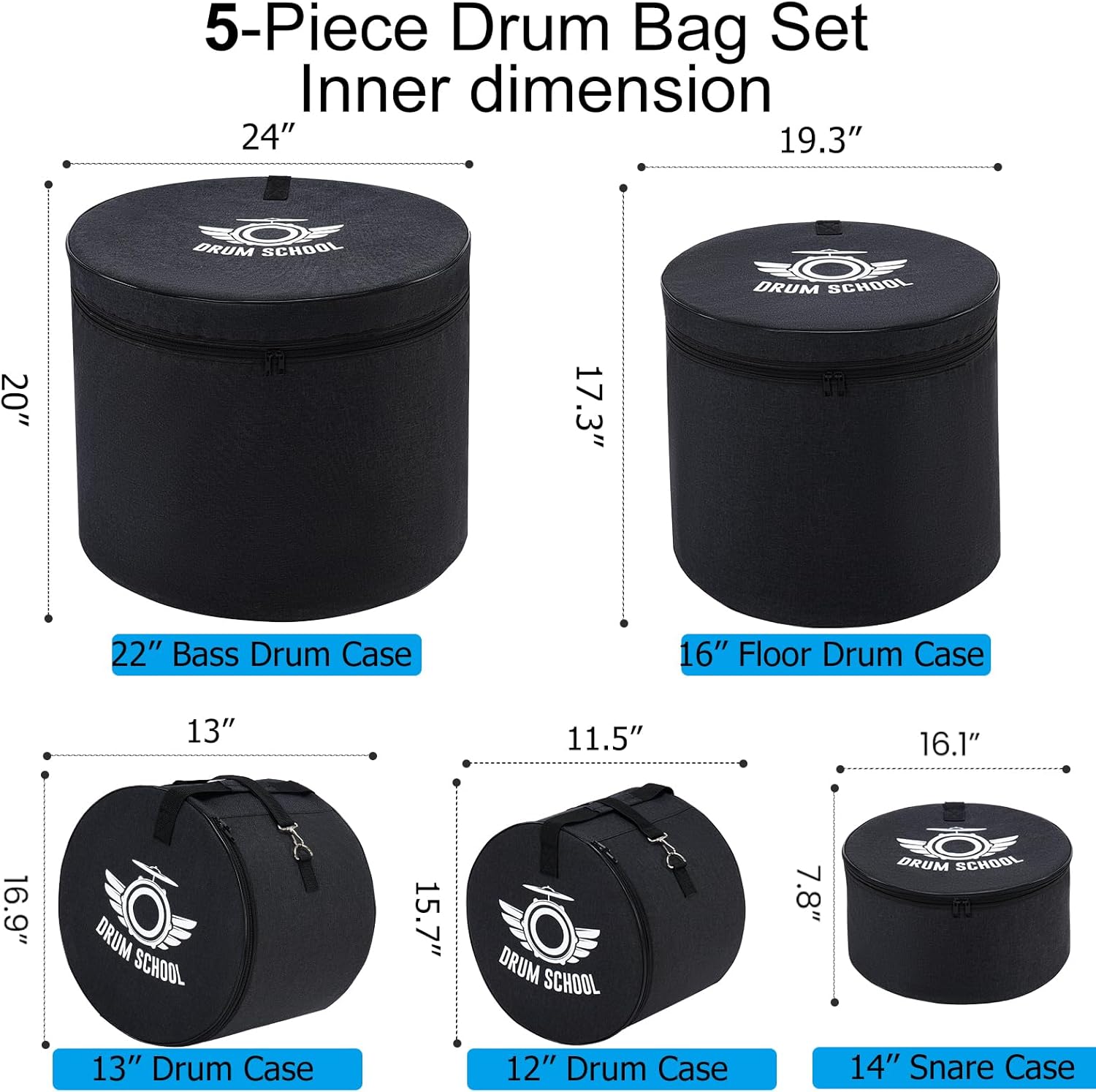 5-pcs Drum Bag Set, Drum Cases Set Padded for 12