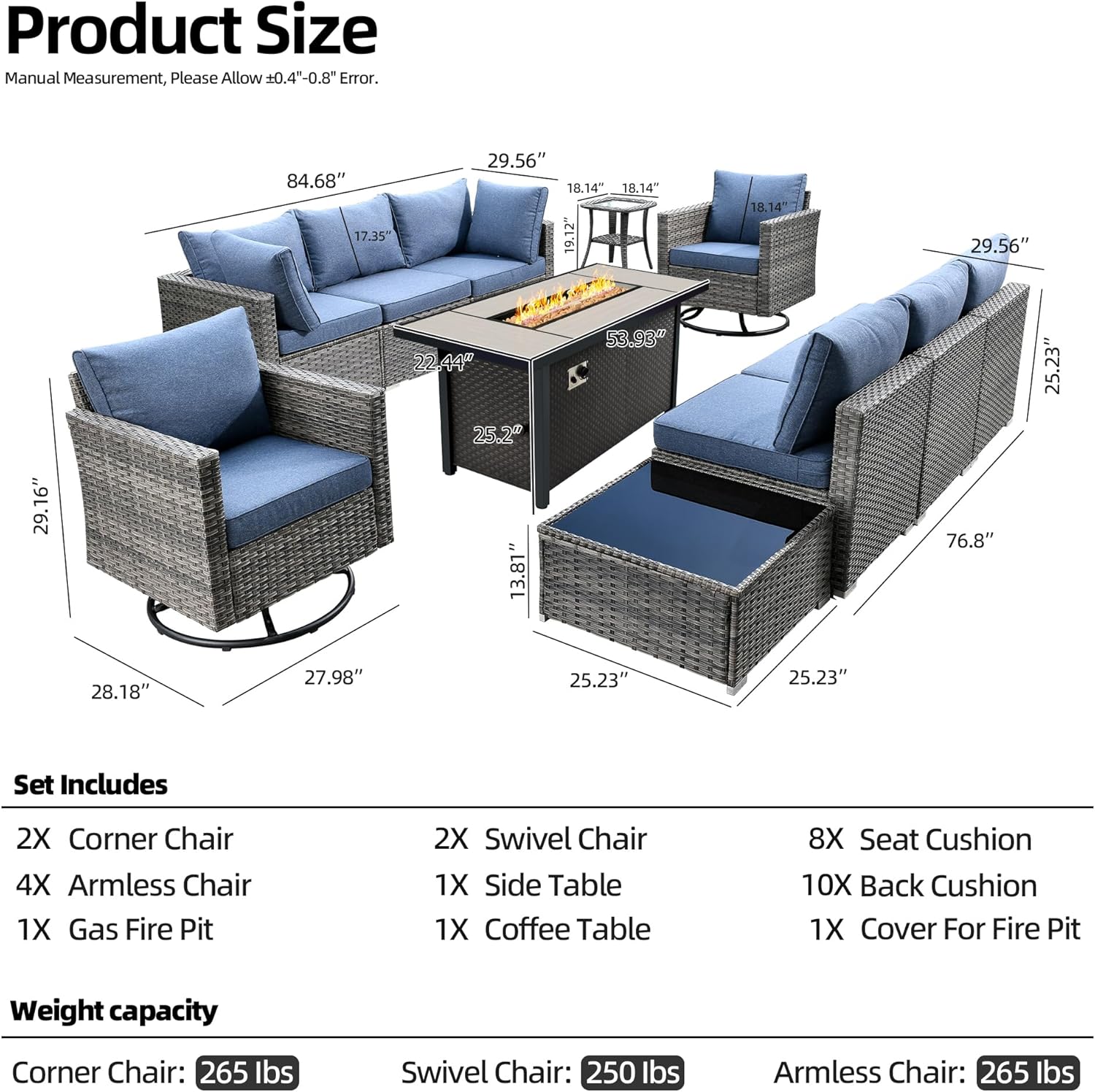11 Piece Outdoor Patio Furniture Set with 53