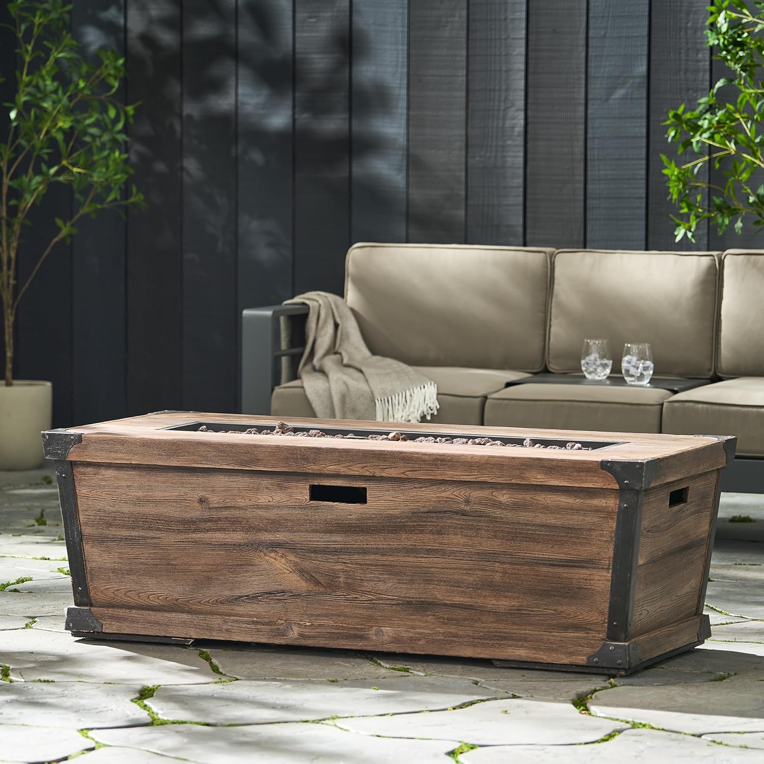 Roomfitters Rectangular Outdoor Fire Pit Table with Wood-Look Design, Stylish and Durable Patio Centerpiece, Brown