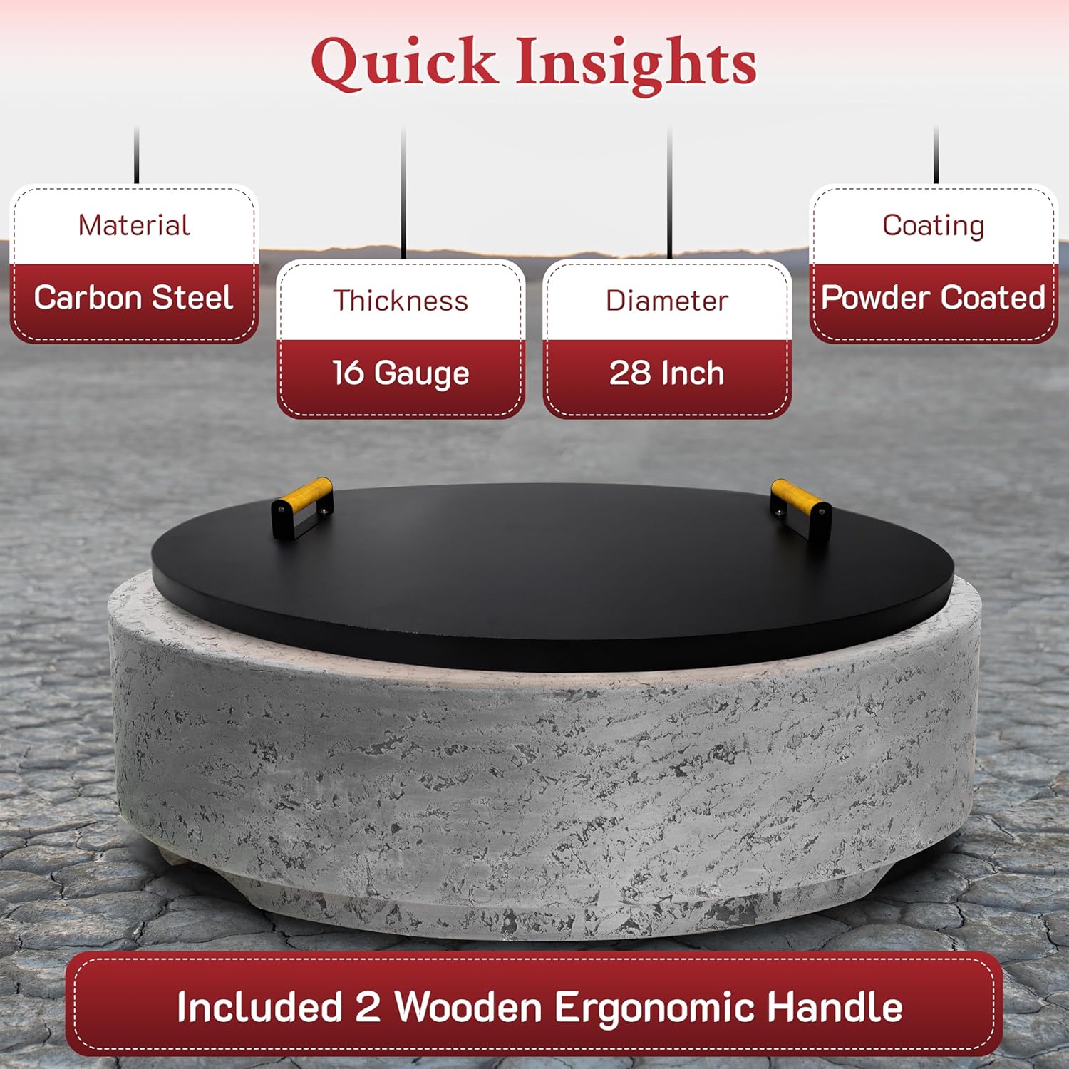 28” firepit lid round for inside up to 26” gas fire pit lid for Outdoor Fireplace Cover - Steel fire pit metal cover W/ 2 Wooden Handles & Powder Coated Snuffer Lid for Round Patio FirePit Ring