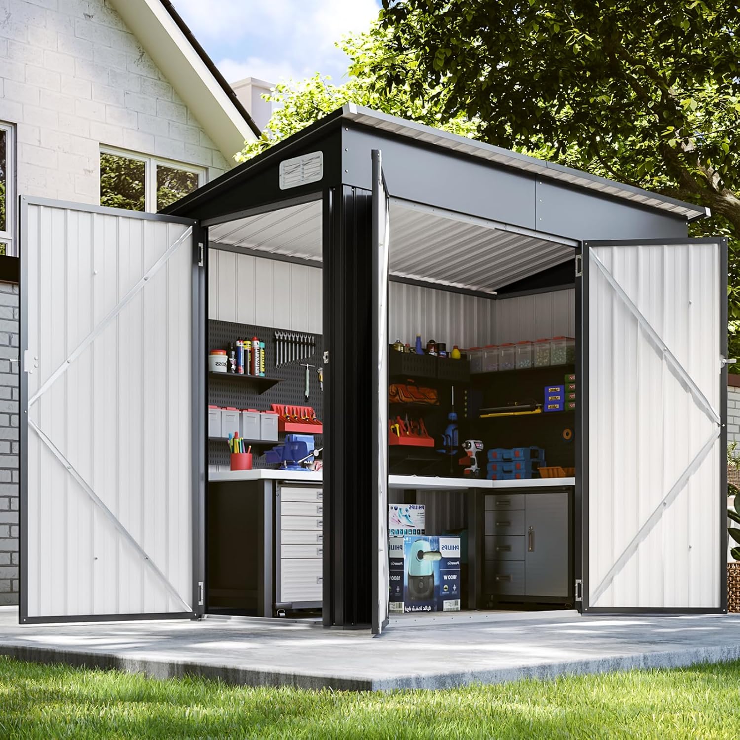 8'x4' Shed Galvanized Steel Storage Sheds with Triple Doors Utility Sheds for Vertical Storage, Dual Lock Lean to Shed with Sloped Roof for Mower, Bike, Garden Tools (Black)