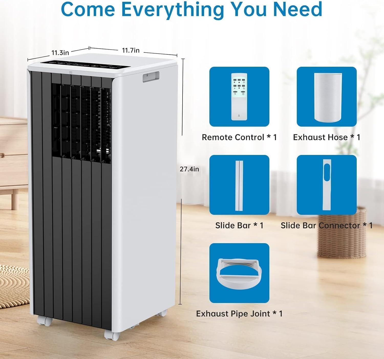 Portable Air Conditioner 8000 BTU, 3-In-1 Cooling/Fan/Dehumidifier AC for 350 Sq.Ft Rooms, 45dB Ultra-Quiet Sleep Mode, Remote Control, 24H Timer, Auto Swing for Bedroom, Office, Living Spaces Gray