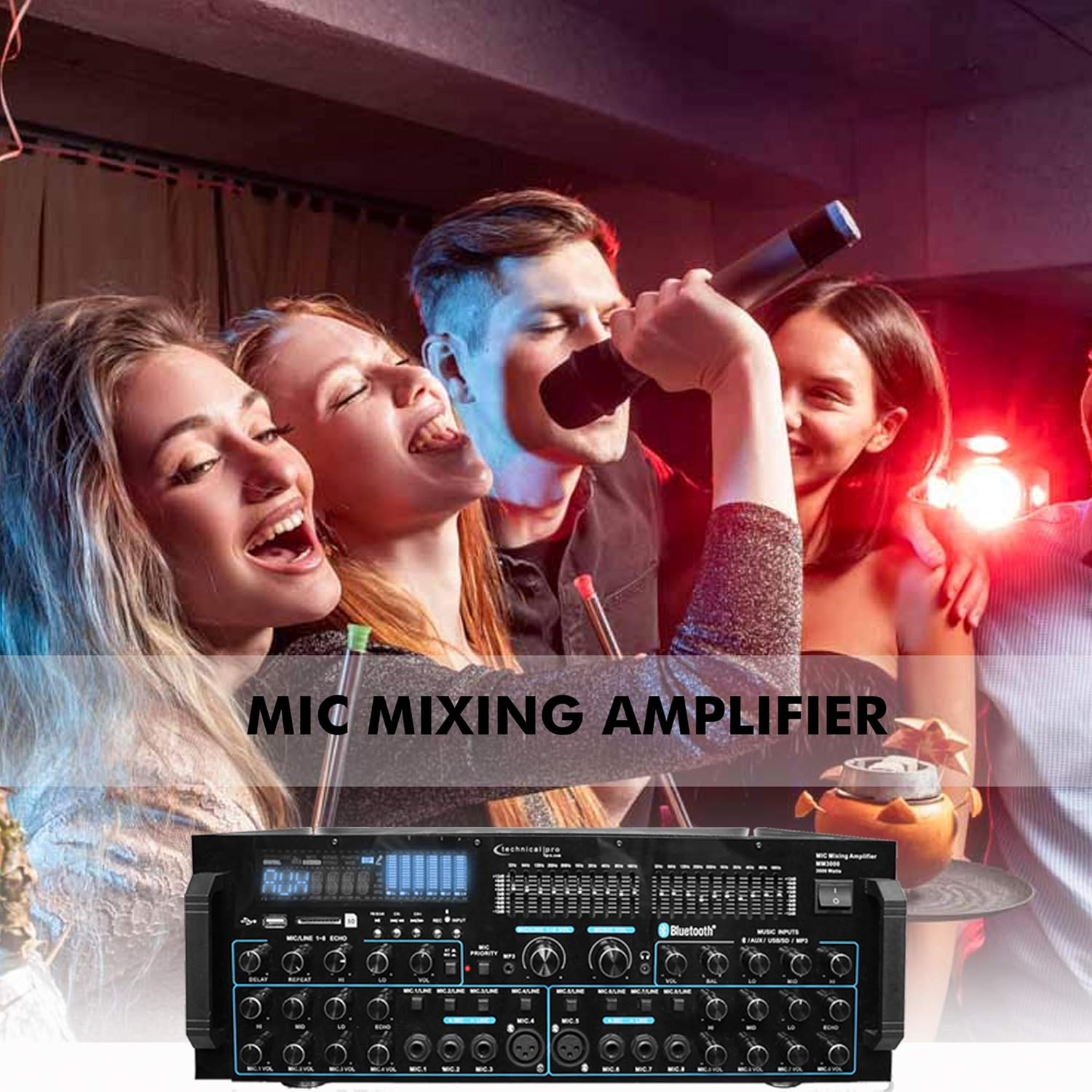 Technical Pro 3000 Watts Professional Mic Mixing Amplifier w/USB SD Card Inputs, Bluetooth Compatibility, Built-in Dual 10 Band Equalizers, for Karaoke Audio Home Stereo Receiver Box System