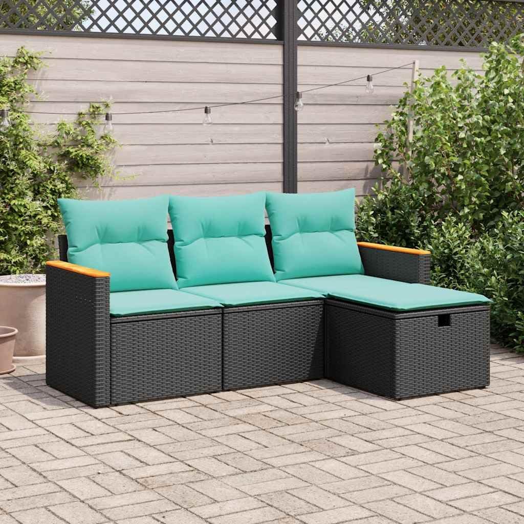 4-Piece Garden Sofa Set, Black PE Rattan Outdoor Furniture, Modern Patio Conversation Set with Storage, Powder-Coated Steel Frame, Comfortable Cushions for Balcony, 70.5x27.8x33.5 inch
