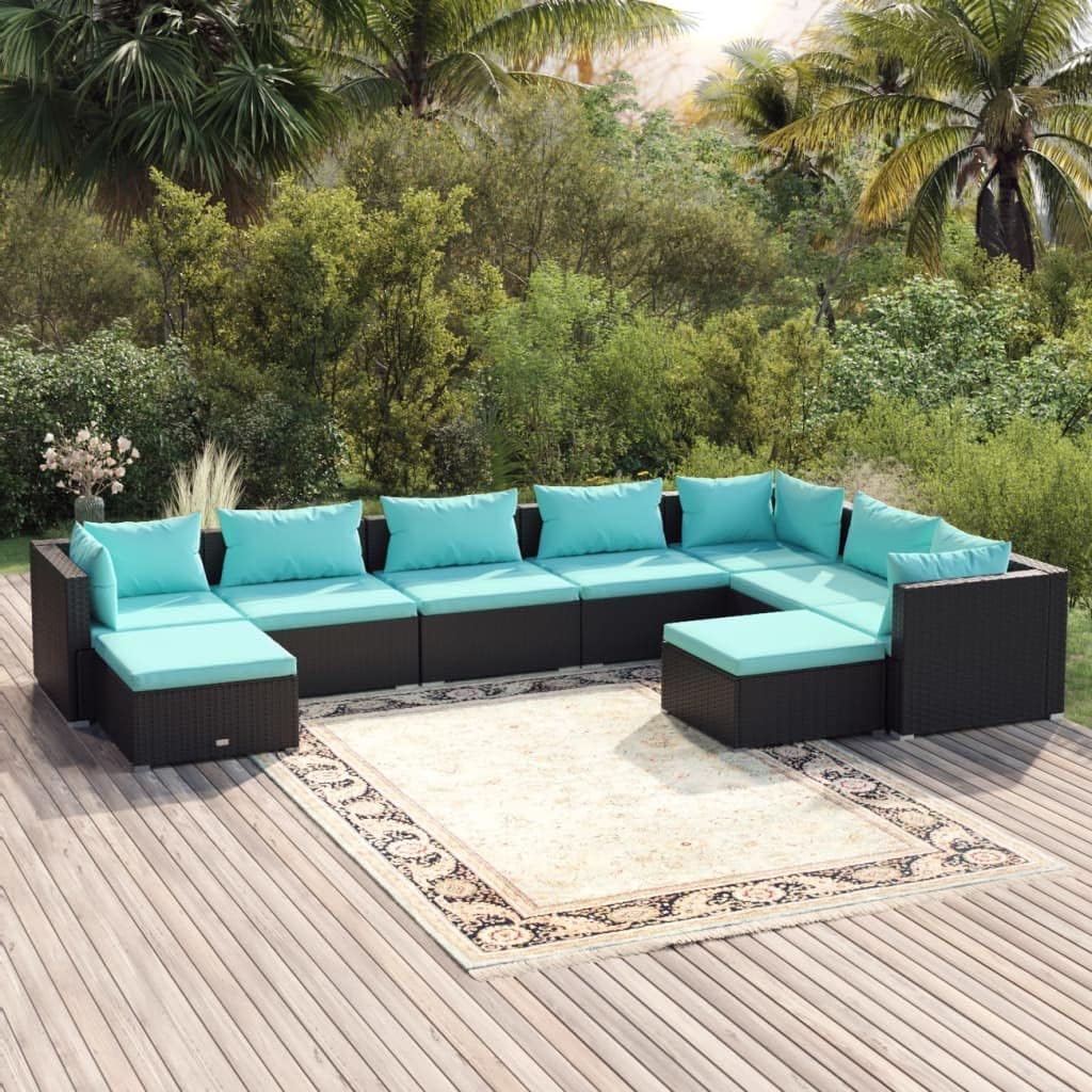 9 Piece Patio Lounge Set with Cushions Poly Rattan Black,Classic Poly Rattan Patio Lounge Set with Cushions for Outdoor Relaxation Patio Furniture, Outdoor Furniture Sets