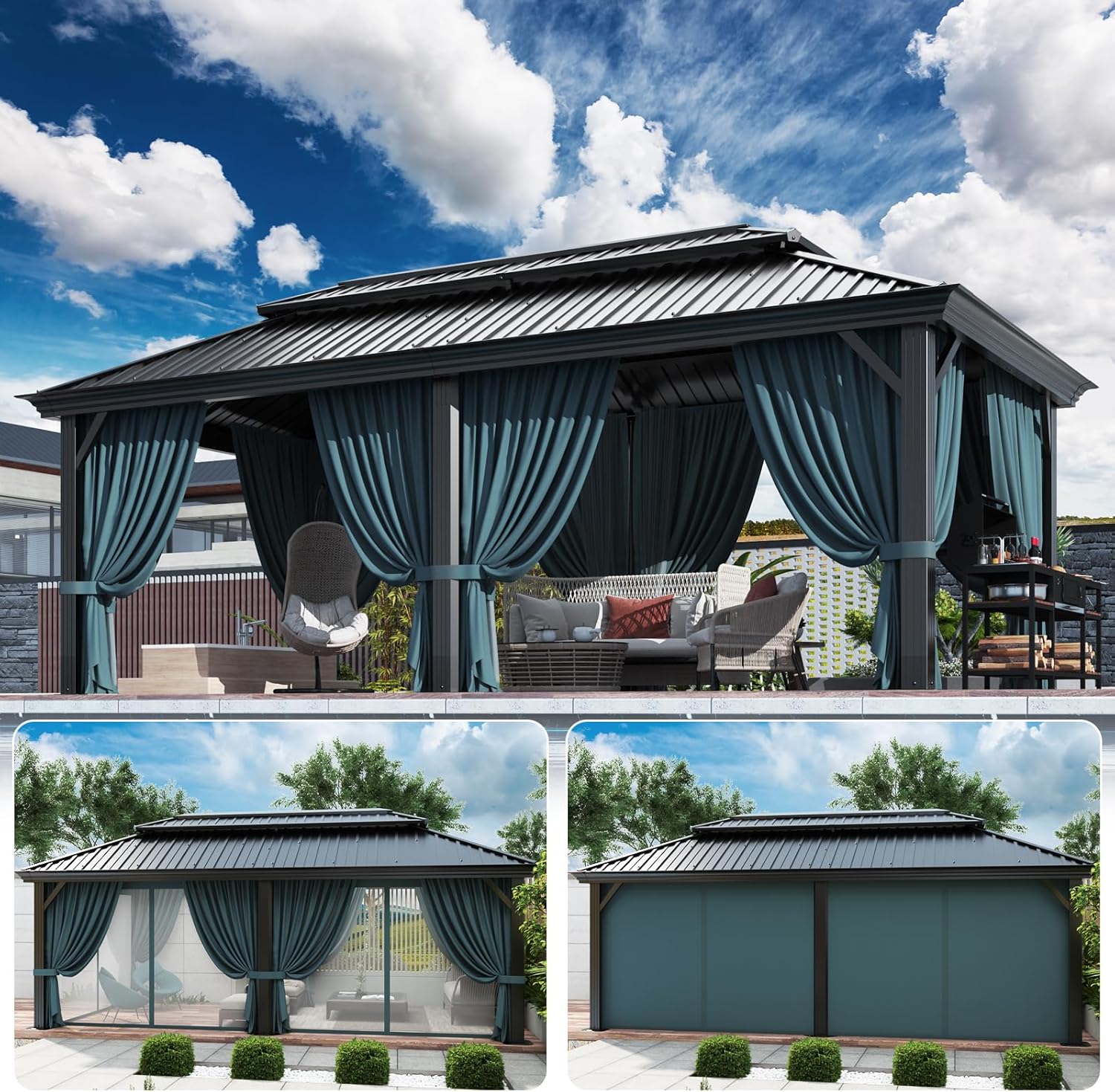 HOTEEL 12x20 Gazebo with Metal Roof Heavy Duty Hardtop Gazebo with Flame-Retardant Curtain & Netting, Hot Tub Gazebos with Galvanized Steel Double Roof, Outdoor Canopy for Patio, Party (2025 Upgraded)