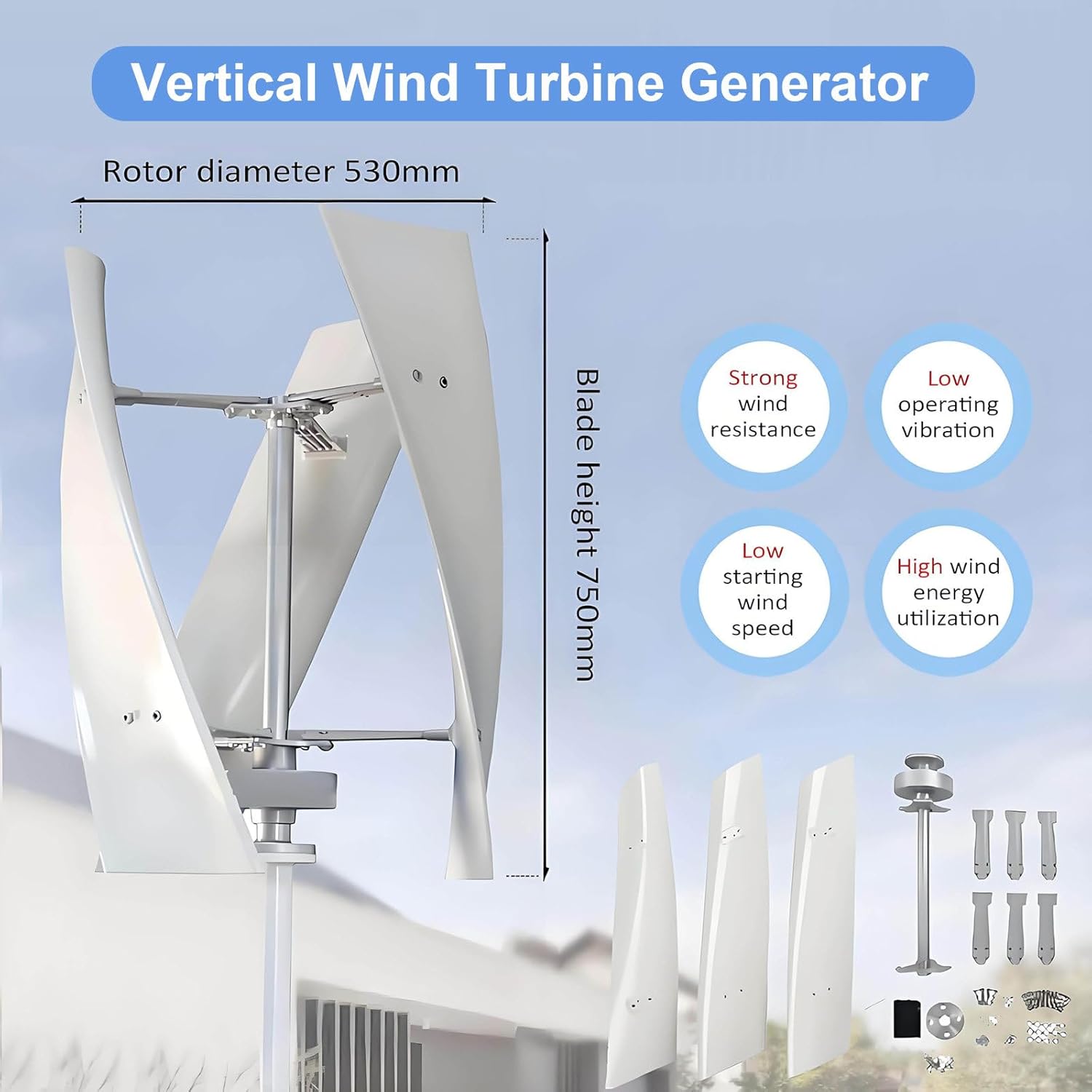 300W Vertical Axis Wind Turbine Kit for Home Use, Grid-Tied Generator with Controller, Efficient Renewable Energy Solution 24V~300W