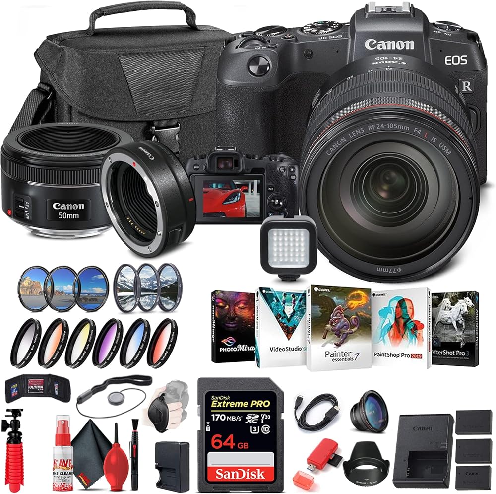 Canon EOS RP Mirrorless Digital Camera with 24-105mm Lens (3380C012) + Canon EF 50mm Lens + Mount Adapter EF-EOS R + 64GB Memory Card + Color Filter Kit + Case + Filter Kit + More (Renewed)