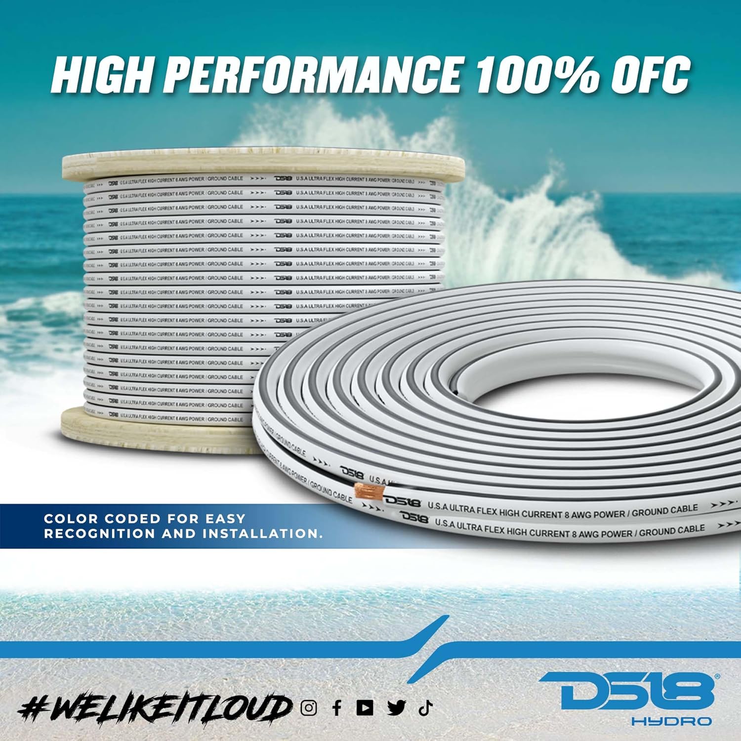 DS18 MOFC8GA100G DS18 MOFC8GA100G Marine Grade 8GA Black & White - Amplifier, TV Home Theater and Car Stereo Power/Ground Wire 100 Feet UltraFlex Cable