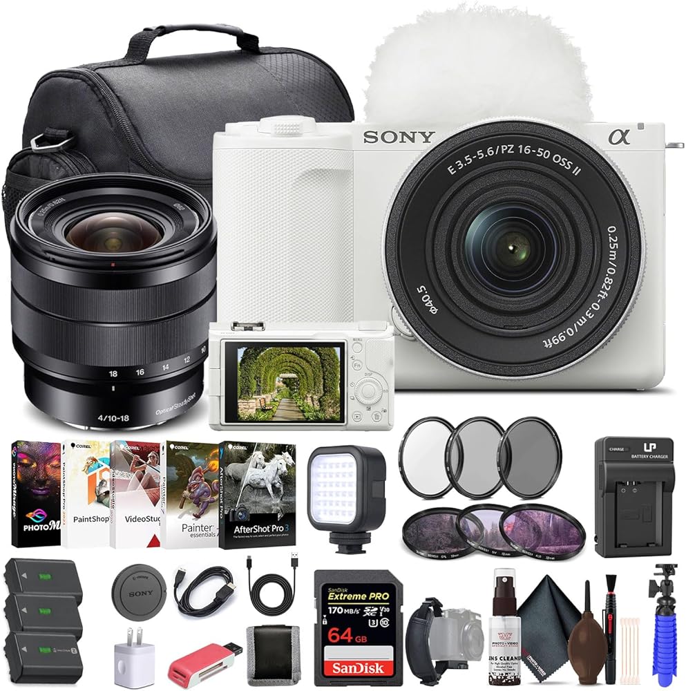 Sony Alpha ZV-E10 II Mirrorless Camera with 16-50mm Lens (White) (ZVE10M2KW) - Sony E 10-18mm Lens, 64GB Memory Card, Filter Kit, Photo Software, Bag, 2 x NP-FZ100 Battery, More