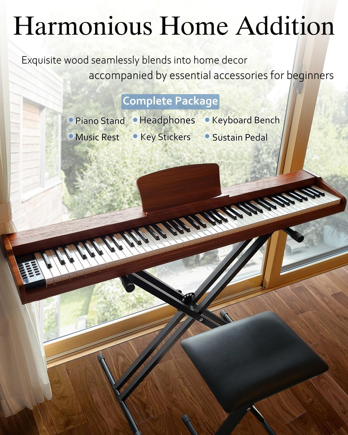 Longeye Piano Keyboard 88 Keys Wooden Electric Piano Semi Weighted Digital Piano Includes Piano Stand, Music Stand, Keyboard Bench, Headphones, MOLD2 Deep Brown