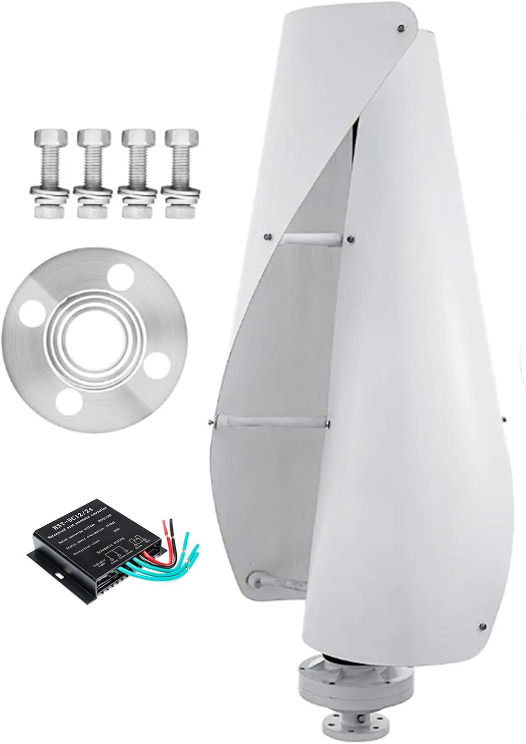 1500W Vertical Wind Turbine Generator Set,with Charger Controller 2 Blades 12V 24V 48V Noiseless Spiral Wind Turbine for Courtyard and Outdoor Use (White)