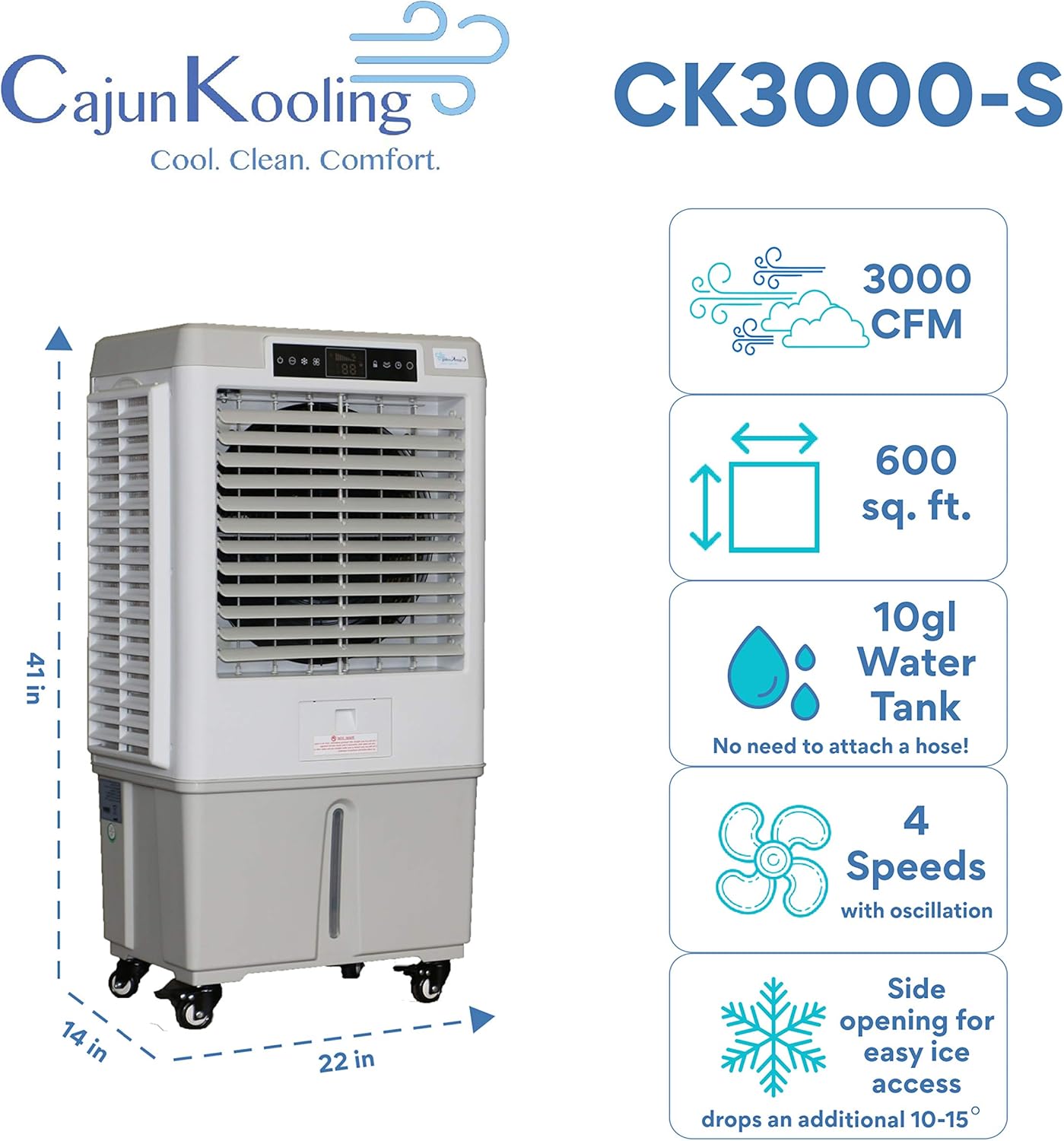 Cajun Kooling CK3000-S Evaporative Portable Swamp Cooler - 10 Gal Tank - 500 sq Ft Coversage - Variable Speeds - High Power 3000CFM - Outdoor Cooling for Tailgates, Patios, Camping, Barns, Shops