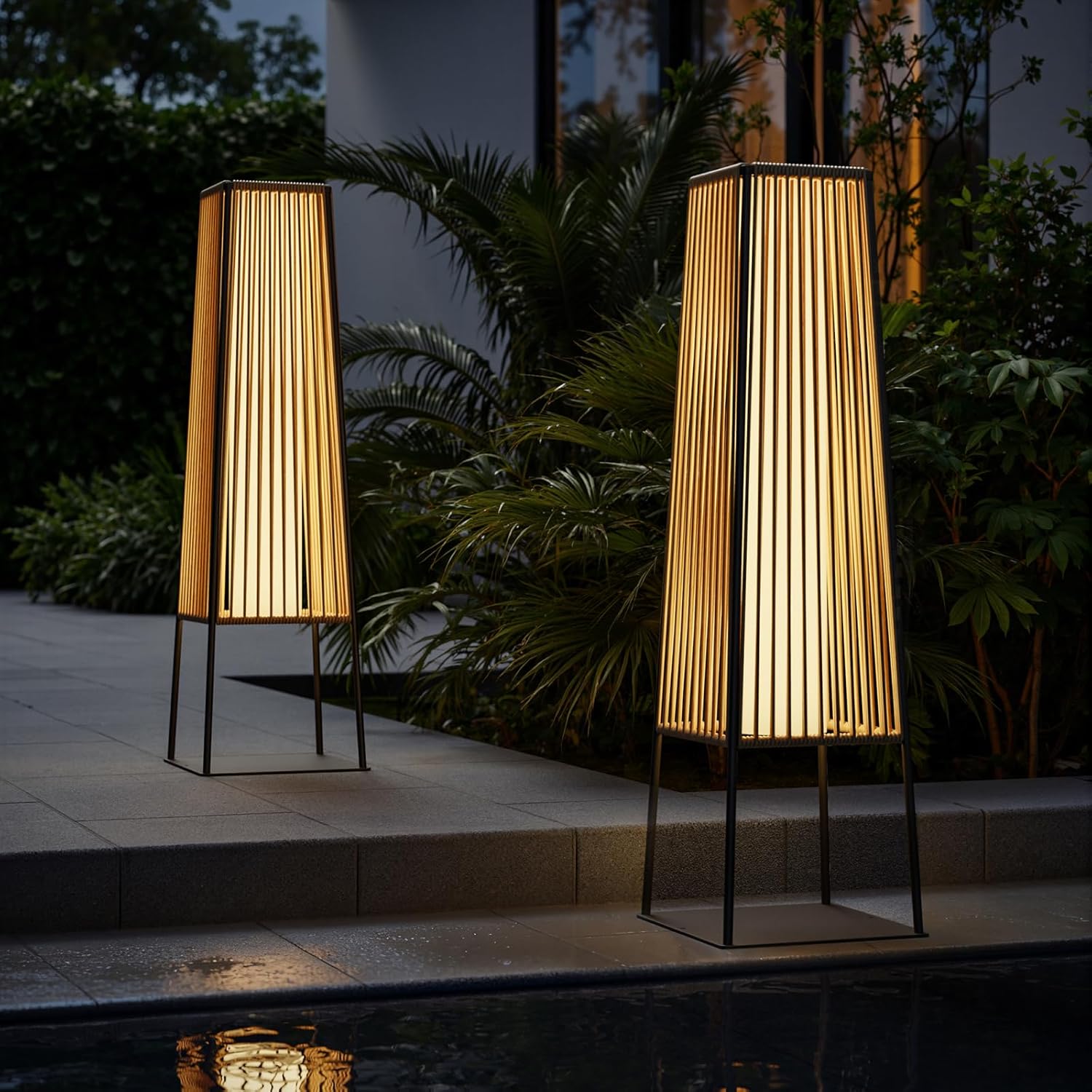 Outdoor Floor Lamp Set of 2, Rattan Solar Lights for Balcony, Deck, Garden & Patio (Natural)