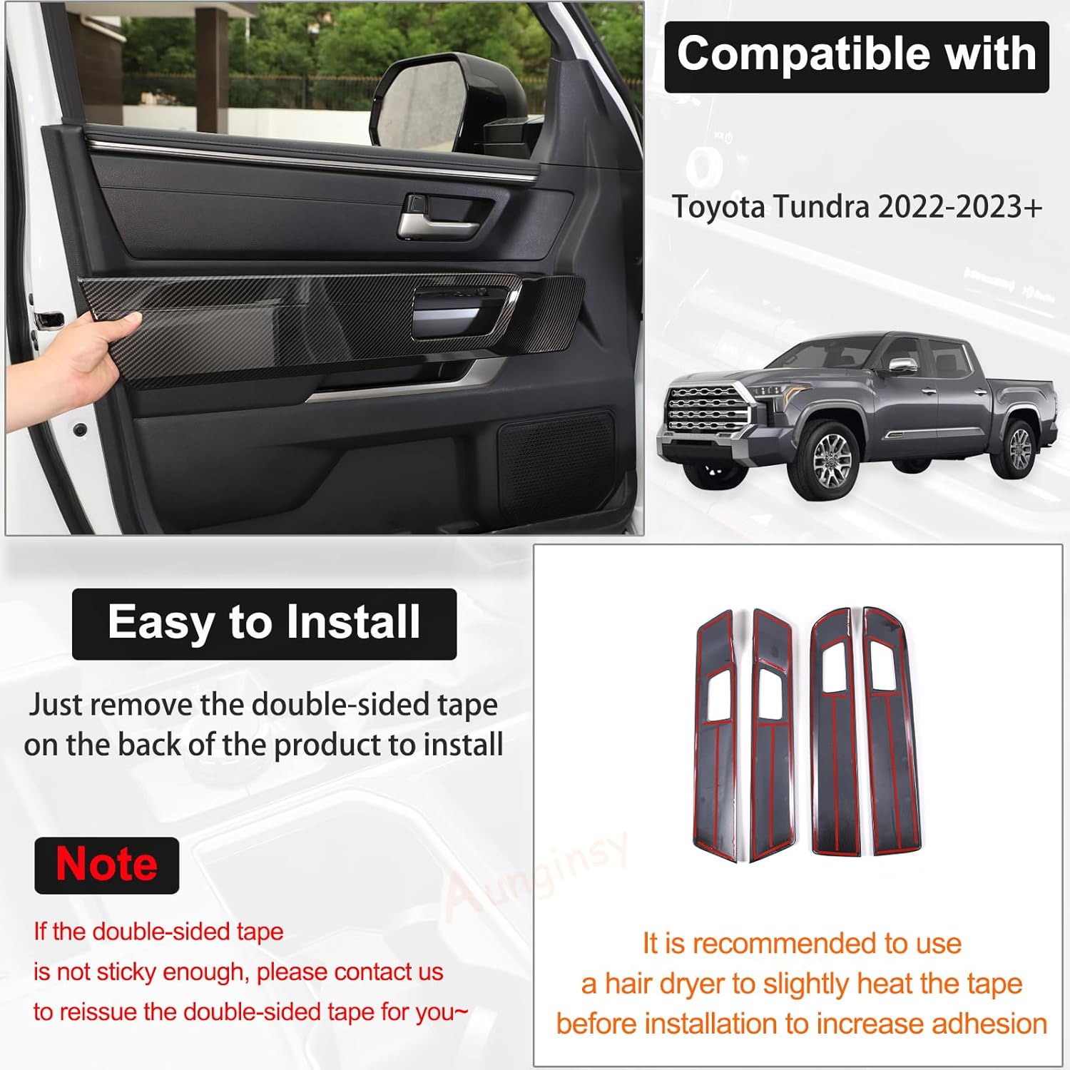 Aunginsy Inner Door Handle Panel Trim Cover Compatible with Toyota Tundra 2022 2023 2024 Car Front Rear Side Door Look Handle Panel Protection Cover Decorative Frame Sticker ABS Interior Accessories
