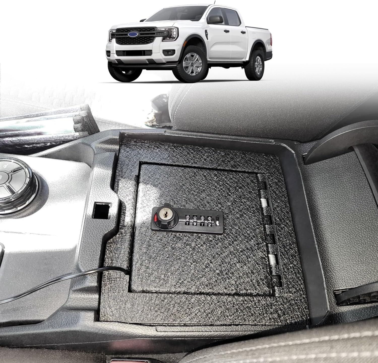 Muslogy Center Console Safe Lockbox Vault Compatible with Ford Ranger 2024 2025 Accessories Console Vault Box Gun Safe Armrest Extra Storage Safety High Security 4 Digit Combination Lock with Key