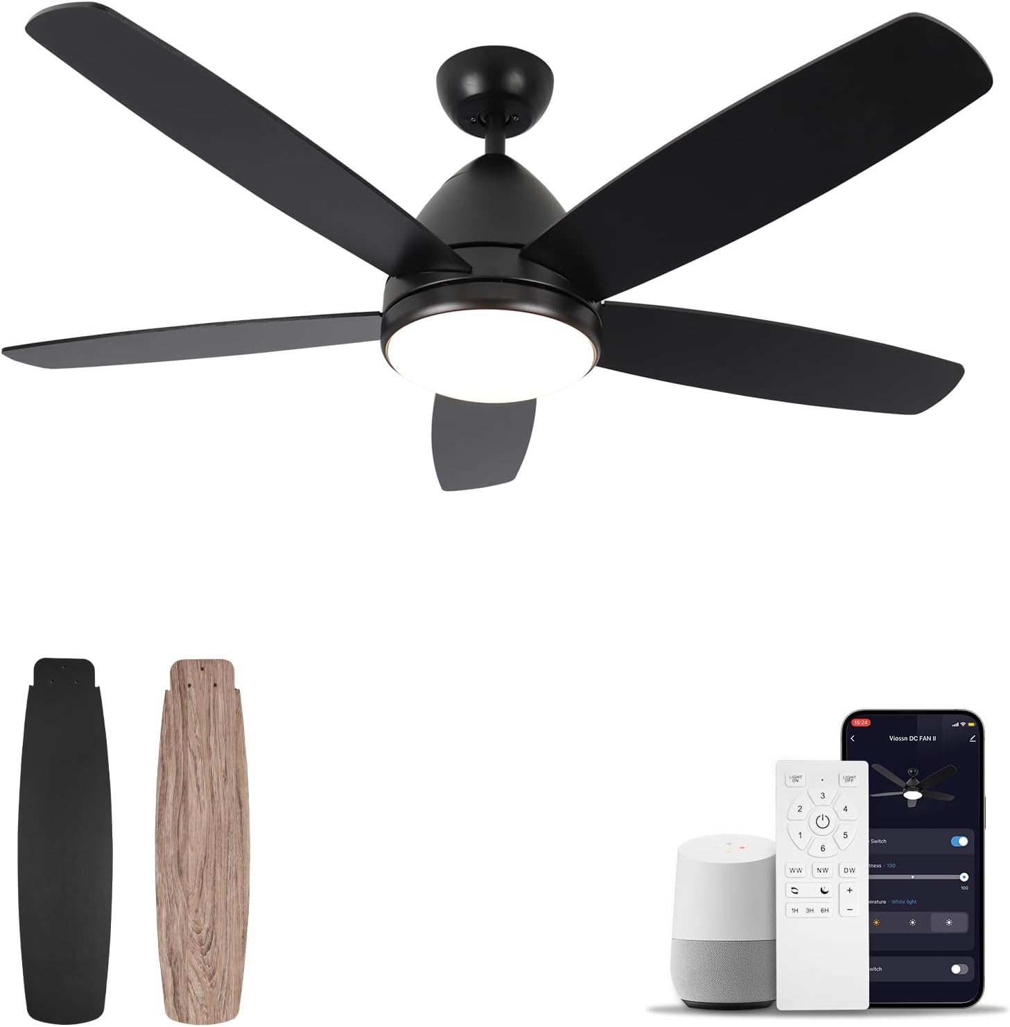 Smart Ceiling Fan with Light, 52 Inch Modern Black Outdoor Ceiling Fan and Remote/App, Dimmable Tri-Color LED and Reversible Motor for Indoor Bedroom/Outdoor Covered Patio