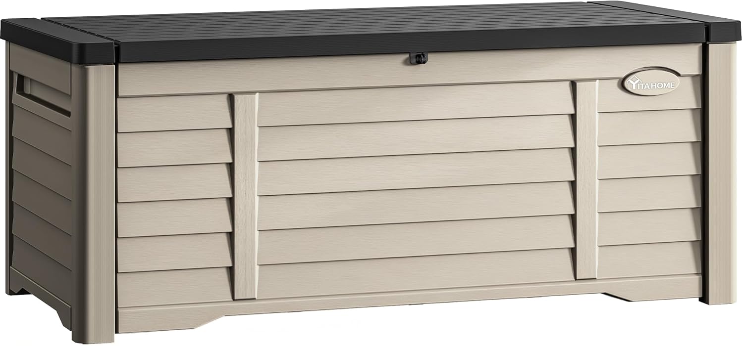 YITAHOME 120 Gallon Large Outdoor Storage Deck Box, Waterproof Cushion Storage Bench with Lockable Lid for Patio, Pool Supplies, Garden Tools, Resin, Black & Brown