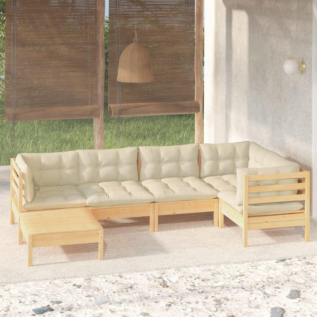 6 Piece Patio Lounge Set with Cream Cushions Solid Pinewood,AllWeather Modular Patio Lounge Set for Relaxing and Entertaining in Style Patio Furniture, Outdoor Furniture Sets