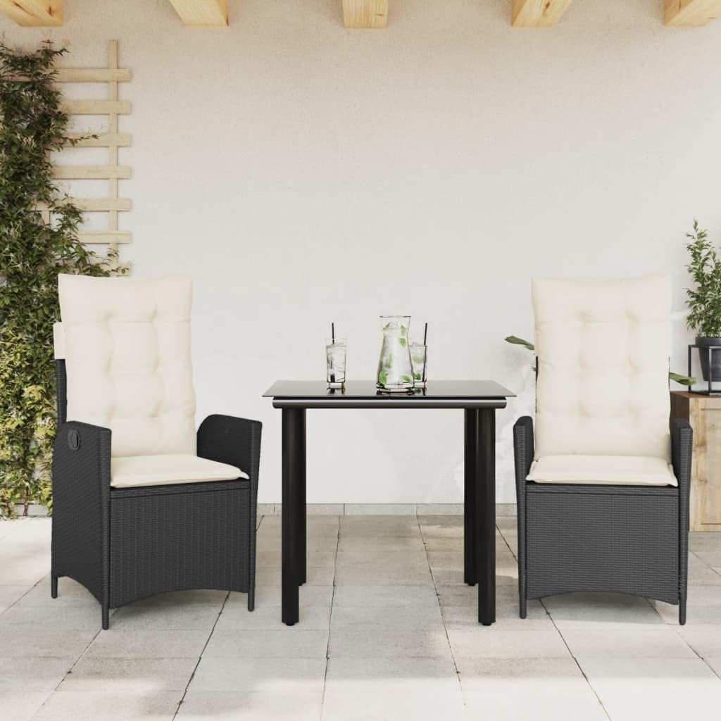 3 Piece Patio Dining Set with Cushions Black Poly Rattan Garden Furniture