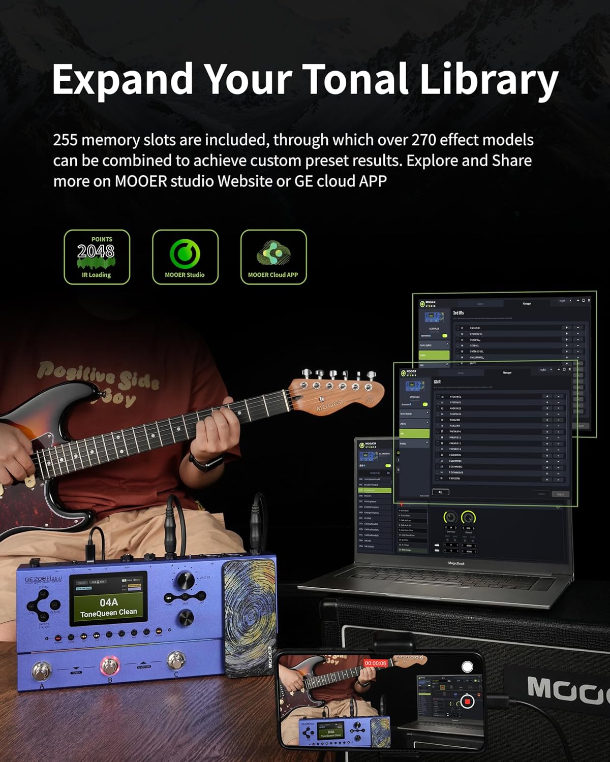 MOOER GE200 Plus Wireless Guitar Pedal Electric Guitar Multieffects Plug to Play, MOOER Cloud Share, MNRS Amp and Cab Sample Files, XLR Stereo Output for Live Show