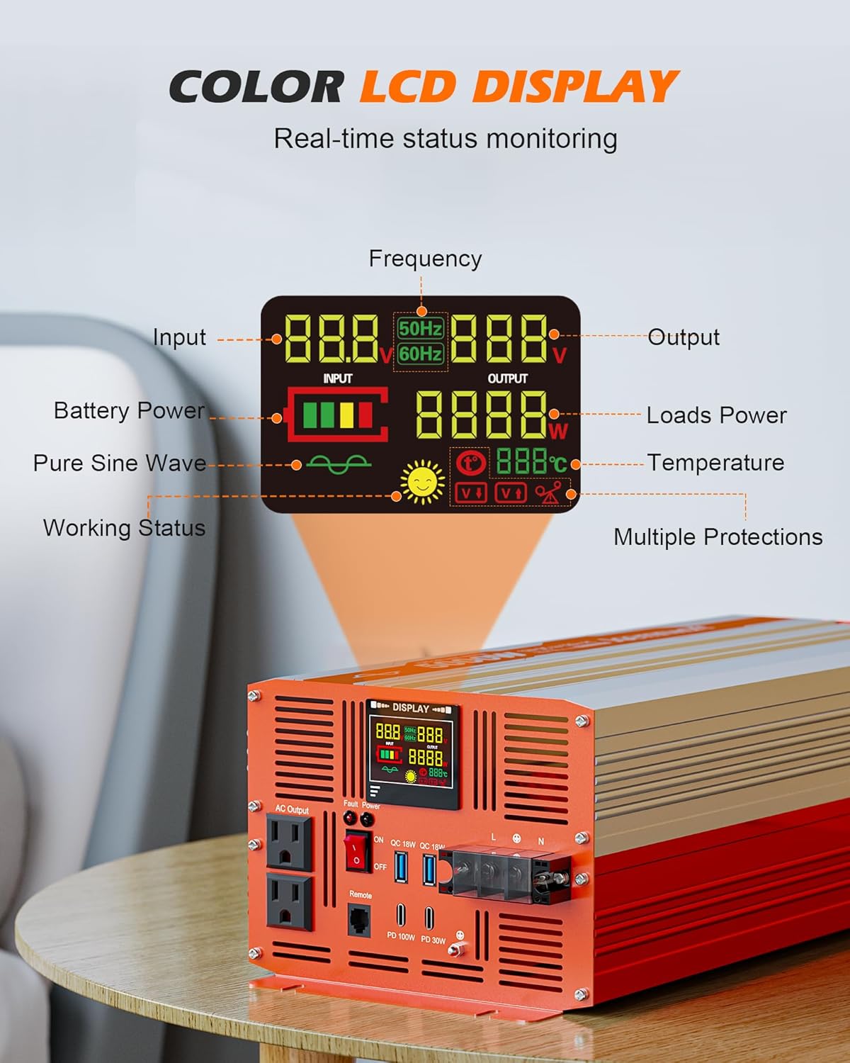 5000W Pure Sine Wave Inverter DC 12V to AC 120V Converter, Off-Grid Solar Power Inverters with Built-in 4 USB Ports, Hardwire Port, Remote Controller for Vehicles, Truck, RV, Home